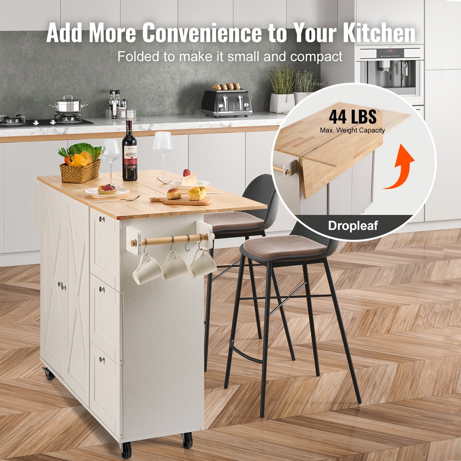 VEVOR Kitchen Island Cart with Solid Wood Top, 45.3" Width Mobile Carts with Storage Cabinet, Rolling Kitchen Table with Spice Rack, Towel Rack, Drop Leaf and Drawer, Portable Islands on Wheels, White 