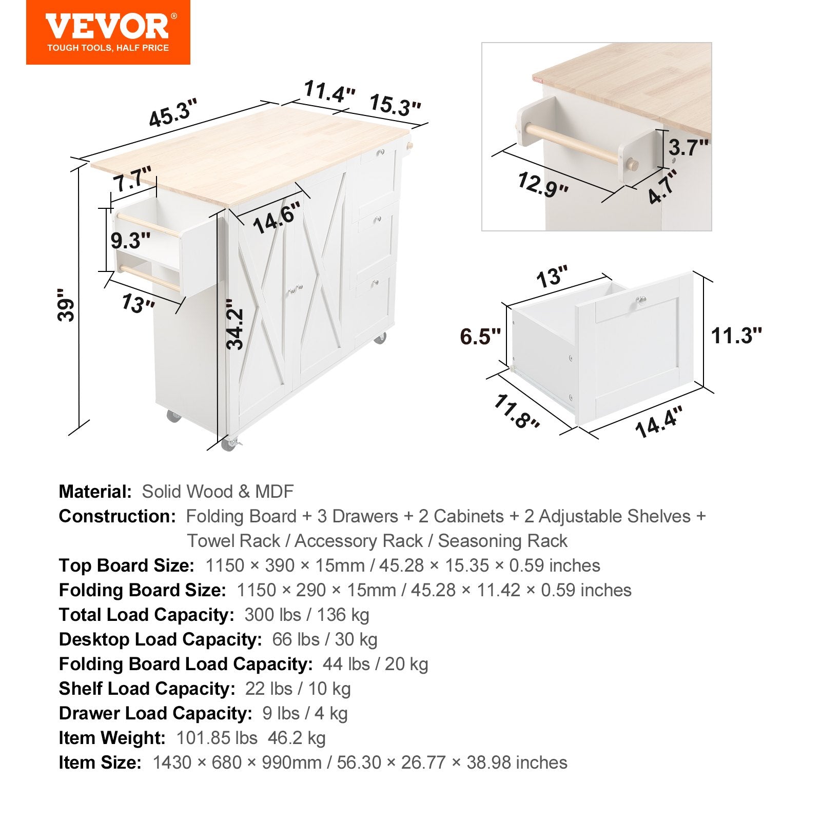 VEVOR Kitchen Island Cart with Solid Wood Top, 45.3" Width Mobile Carts with Storage Cabinet, Rolling Kitchen Table with Spice Rack, Towel Rack, Drop Leaf and Drawer, Portable Islands on Wheels, White 