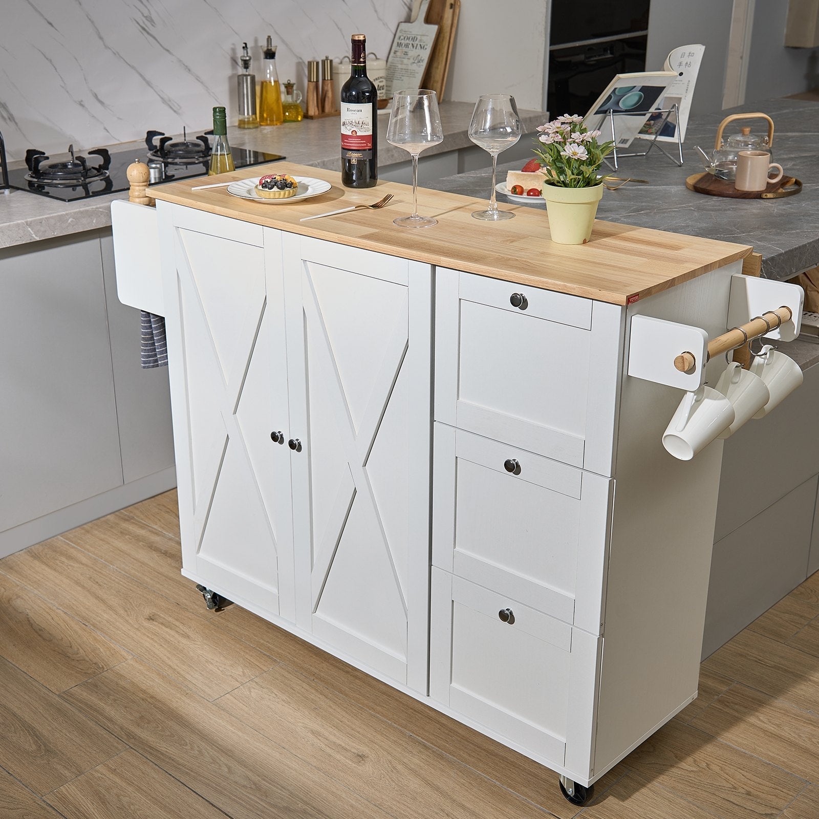 VEVOR Kitchen Island Cart with Solid Wood Top, 45.3" Width Mobile Carts with Storage Cabinet, Rolling Kitchen Table with Spice Rack, Towel Rack, Drop Leaf and Drawer, Portable Islands on Wheels, White 