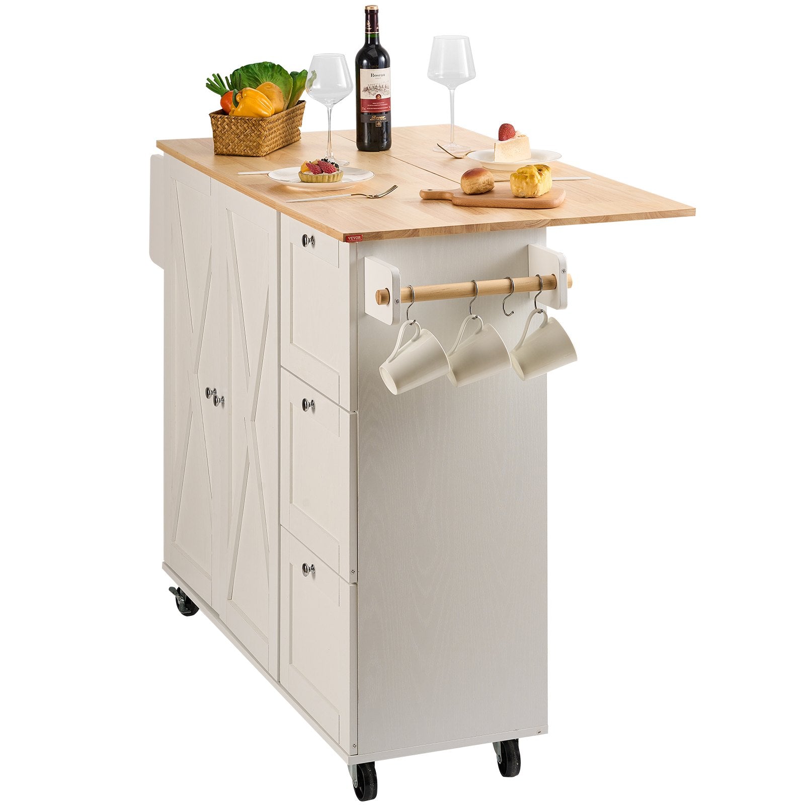 VEVOR Kitchen Island Cart with Solid Wood Top, 45.3" Width Mobile Carts with Storage Cabinet, Rolling Kitchen Table with Spice Rack, Towel Rack, Drop Leaf and Drawer, Portable Islands on Wheels, White 