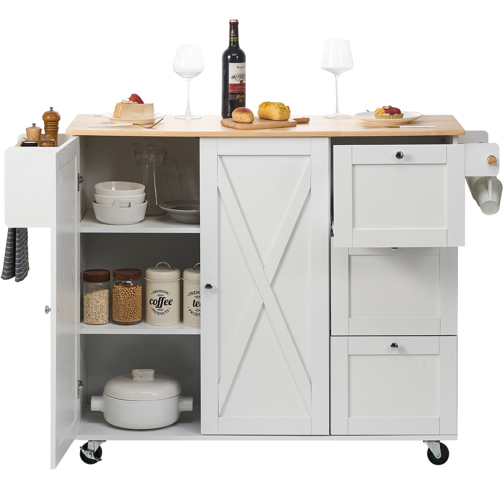 VEVOR Kitchen Island Cart with Solid Wood Top, 45.3" Width Mobile Carts with Storage Cabinet, Rolling Kitchen Table with Spice Rack, Towel Rack, Drop Leaf and Drawer, Portable Islands on Wheels, White 