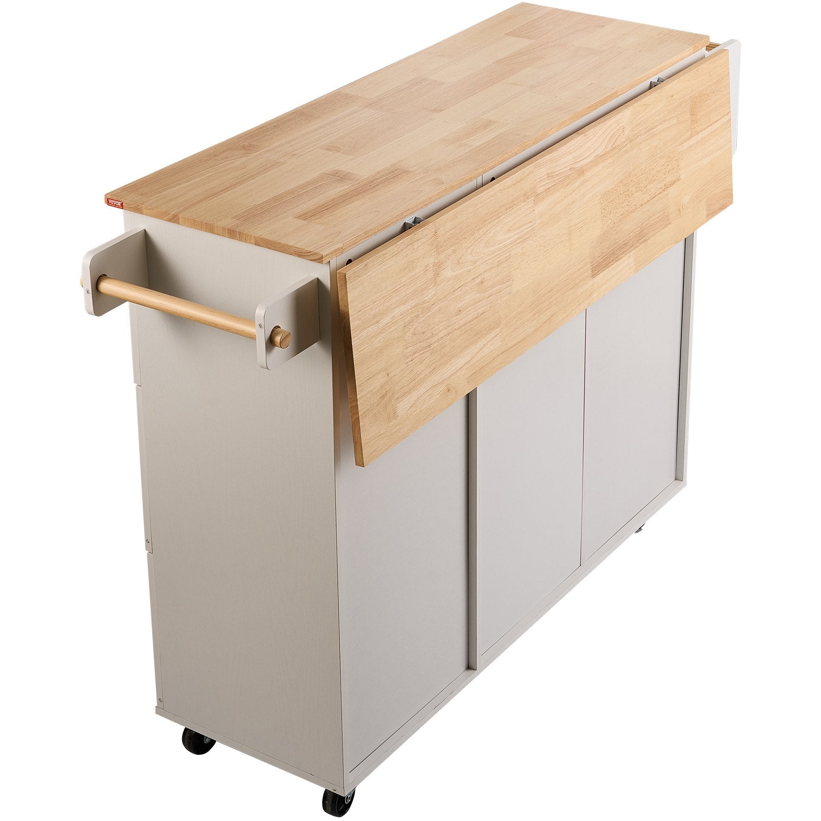 VEVOR Kitchen Island Cart with Solid Wood Top, 45.3" Width Mobile Carts with Storage Cabinet, Rolling Kitchen Table with Spice Rack, Towel Rack, Drop Leaf and Drawer, Portable Islands on Wheels, White 
