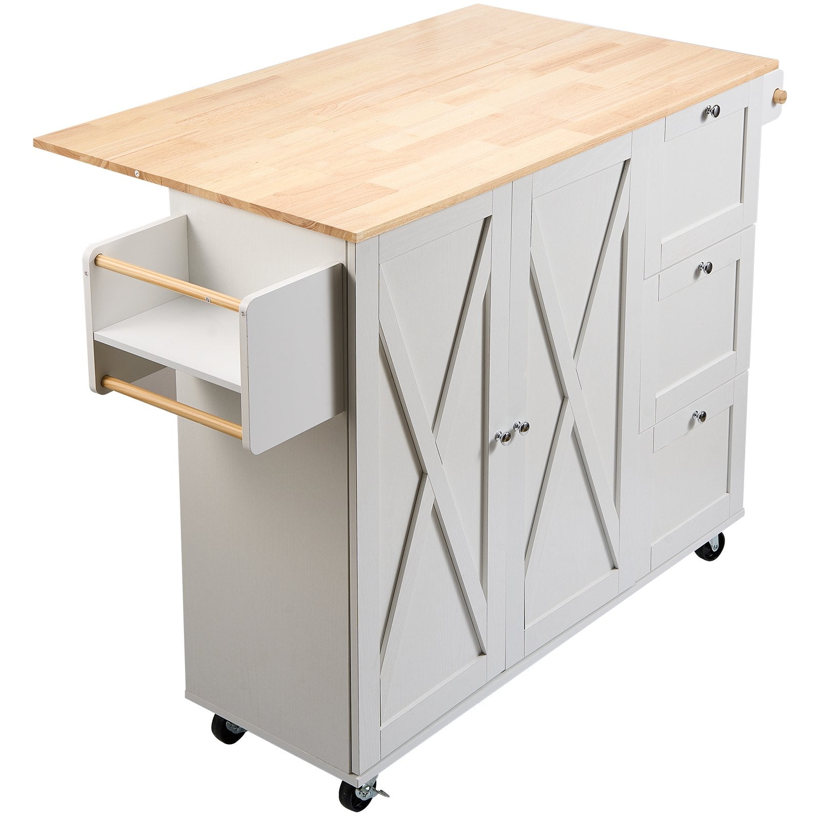 VEVOR Kitchen Island Cart with Solid Wood Top, 45.3" Width Mobile Carts with Storage Cabinet, Rolling Kitchen Table with Spice Rack, Towel Rack, Drop Leaf and Drawer, Portable Islands on Wheels, White 