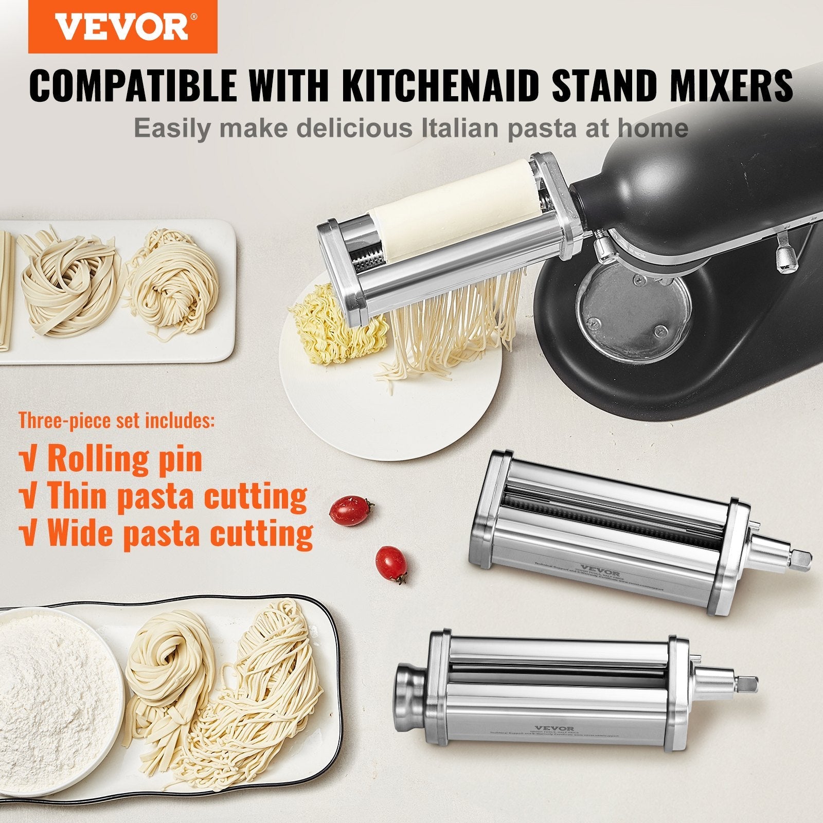 VEVOR Pasta Attachment for KitchenAid Stand Mixer, Stainless Steel Pasta Roller Cutter Set Including Pasta Sheet Roller, Spaghetti and Fettuccine Cutter, 8 Adjustable Thickness Knob Pasta Maker, 3Pcs 