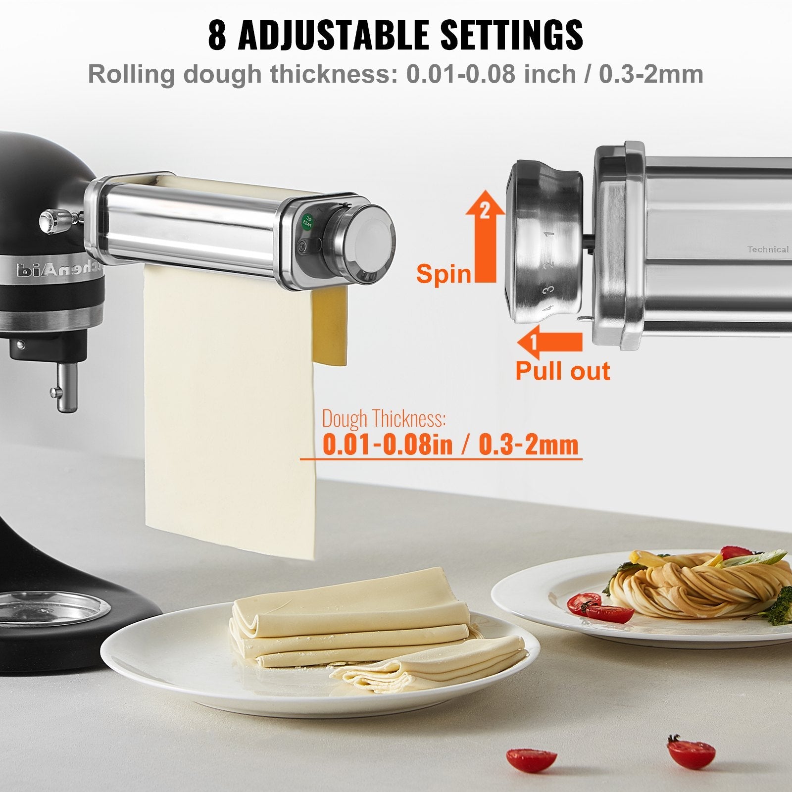 VEVOR Pasta Attachment for KitchenAid Stand Mixer, Stainless Steel Pasta Roller Cutter Set Including Pasta Sheet Roller, Spaghetti and Fettuccine Cutter, 8 Adjustable Thickness Knob Pasta Maker, 3Pcs 