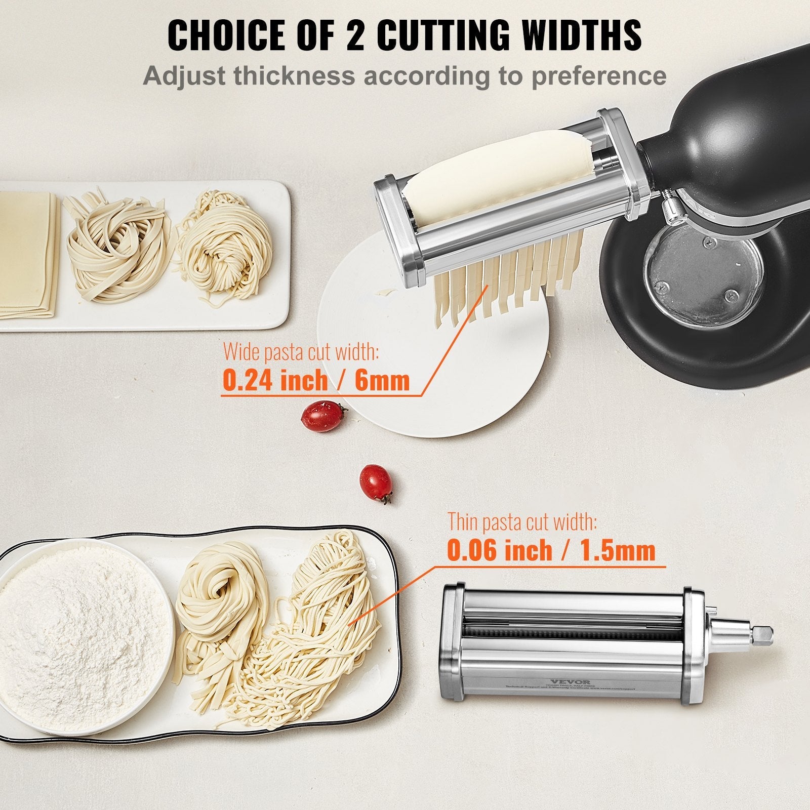 VEVOR Pasta Attachment for KitchenAid Stand Mixer, Stainless Steel Pasta Roller Cutter Set Including Pasta Sheet Roller, Spaghetti and Fettuccine Cutter, 8 Adjustable Thickness Knob Pasta Maker, 3Pcs 