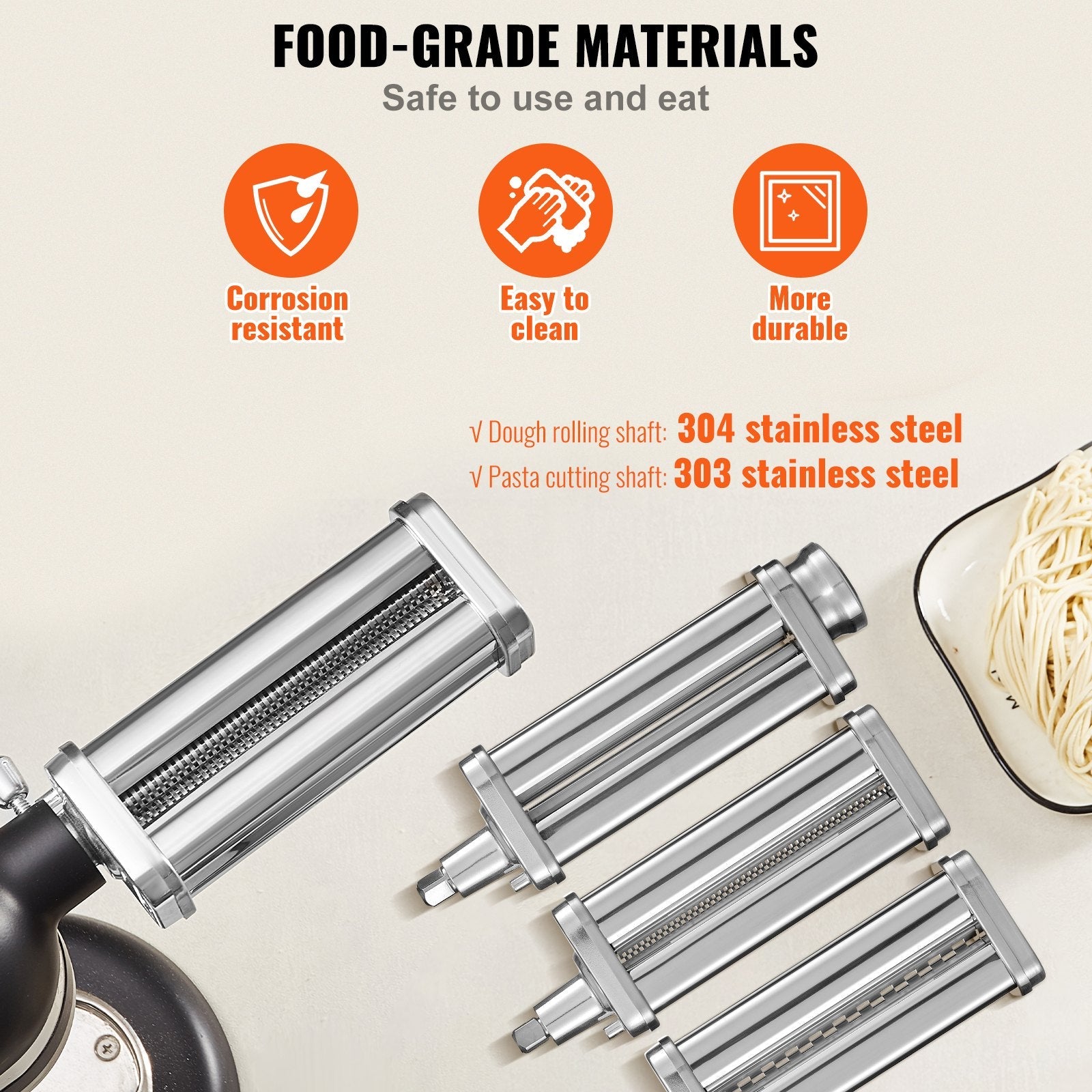 VEVOR Pasta Attachment for KitchenAid Stand Mixer, Stainless Steel Pasta Roller Cutter Set Including Pasta Sheet Roller, Spaghetti and Fettuccine Cutter, 8 Adjustable Thickness Knob Pasta Maker, 3Pcs 