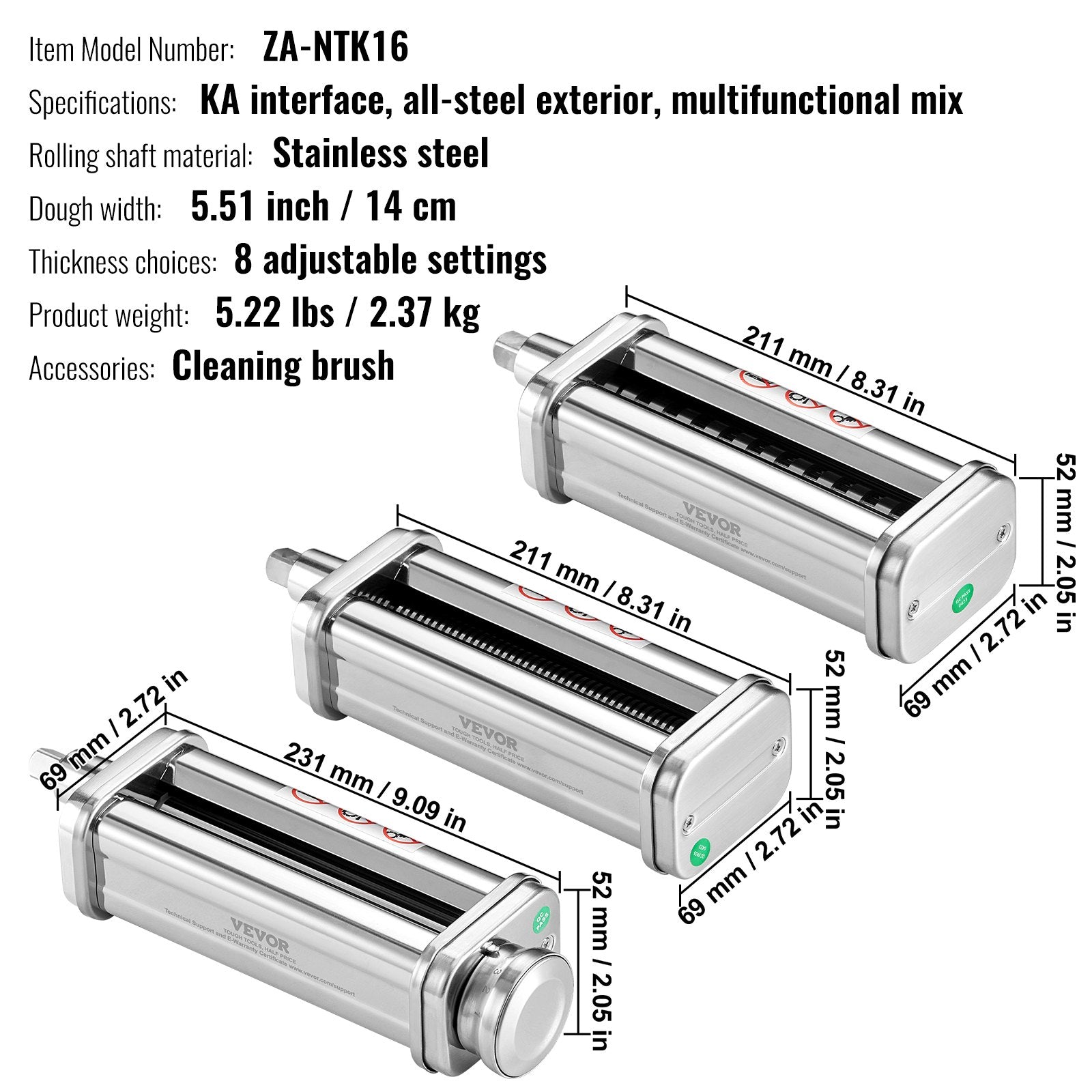 VEVOR Pasta Attachment for KitchenAid Stand Mixer, Stainless Steel Pasta Roller Cutter Set Including Pasta Sheet Roller, Spaghetti and Fettuccine Cutter, 8 Adjustable Thickness Knob Pasta Maker, 3Pcs 