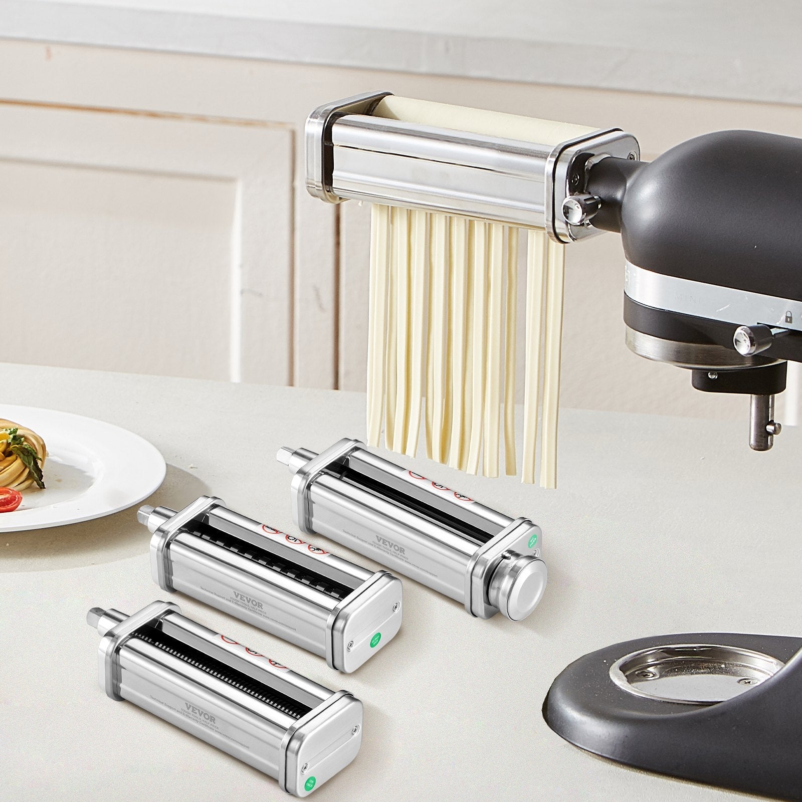 VEVOR Pasta Attachment for KitchenAid Stand Mixer, Stainless Steel Pasta Roller Cutter Set Including Pasta Sheet Roller, Spaghetti and Fettuccine Cutter, 8 Adjustable Thickness Knob Pasta Maker, 3Pcs 