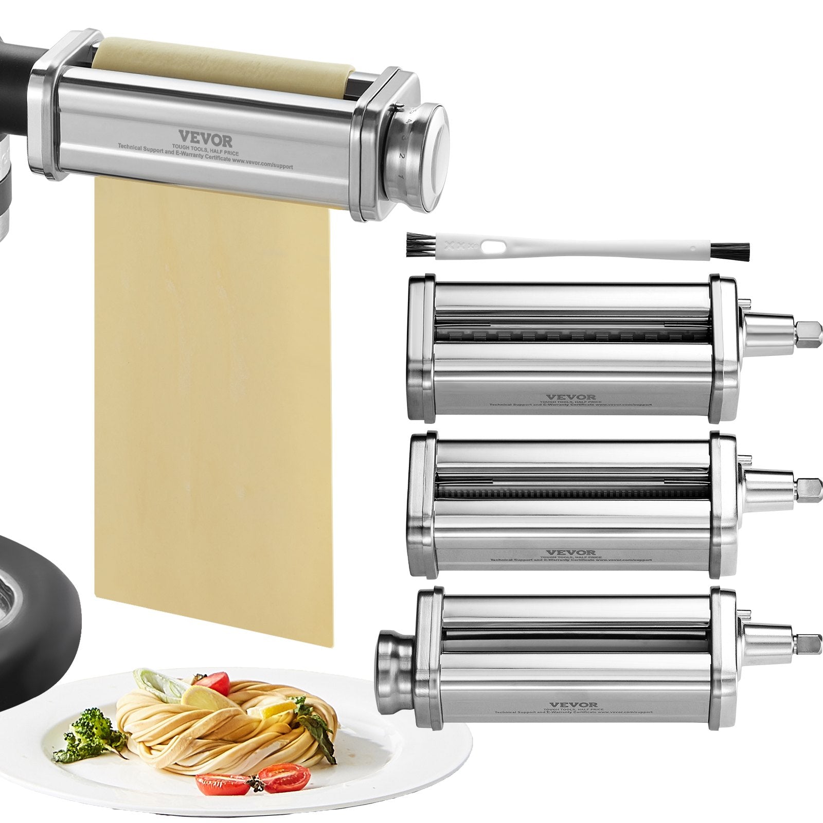 VEVOR Pasta Attachment for KitchenAid Stand Mixer, Stainless Steel Pasta Roller Cutter Set Including Pasta Sheet Roller, Spaghetti and Fettuccine Cutter, 8 Adjustable Thickness Knob Pasta Maker, 3Pcs 