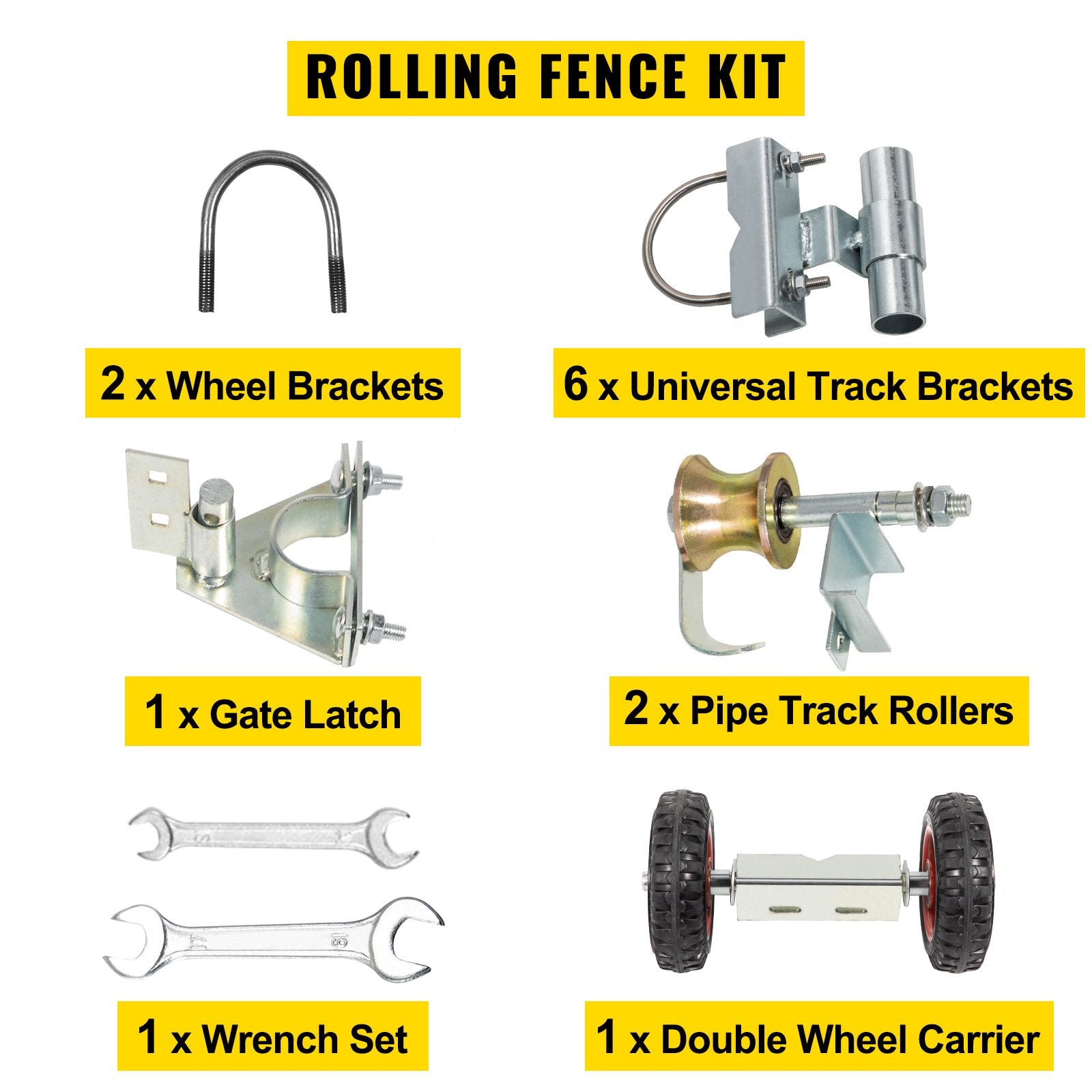 VEVOR Chain Link Rolling Gate Kit Galvanized Steel Rolling Fence 6 Universal Track Bracket Chain Link Rolling Gate Hardware Kit 2 Solid Rubber Wheels Fence Rolling Kit for Chain Link Sliding Gate 