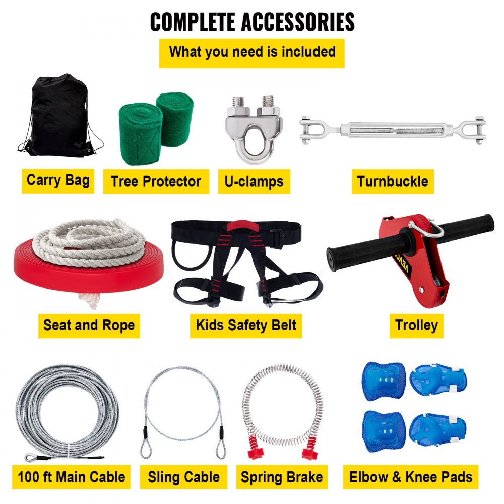 VEVOR Zip line Kits for Backyard 100FT, Zip Lines for Kid and Adult, Included Swing Seat, Zip Lines Brake, and Steel Trolley, Outdoor Playground Equipment 