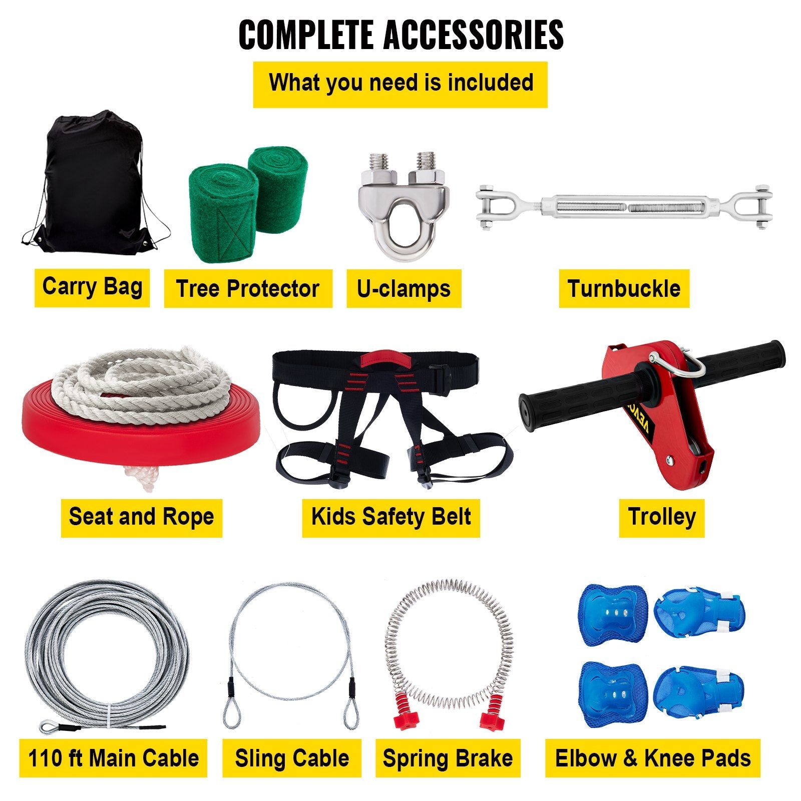 VEVOR Zip line Kits for Backyard 110FT, Zip Lines for Kid and Adult, Included Swing Seat, Zip Lines Brake, and Steel Trolley, Outdoor Playground Equipment 