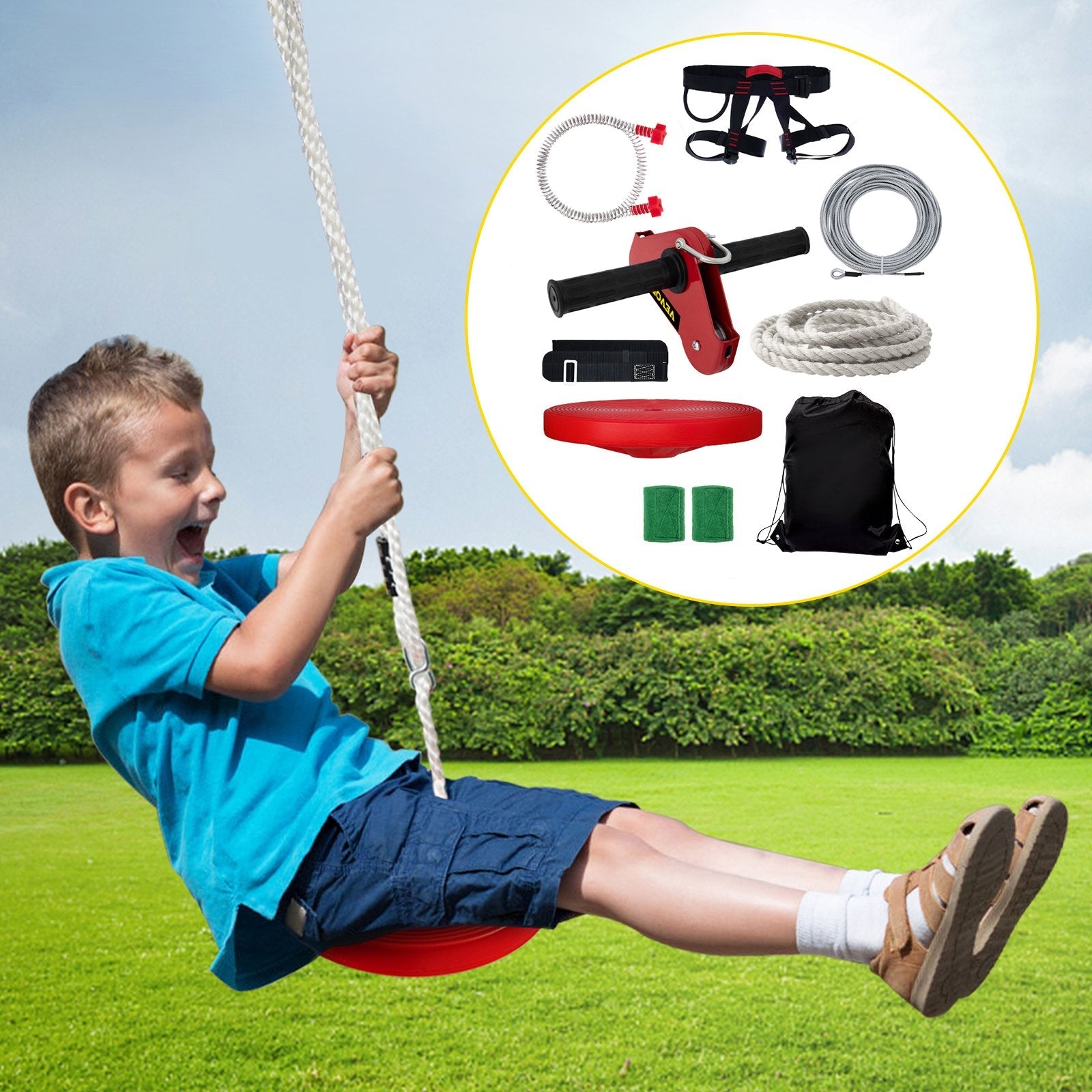 VEVOR Zip line Kits for Backyard 110FT, Zip Lines for Kid and Adult, Included Swing Seat, Zip Lines Brake, and Steel Trolley, Outdoor Playground Equipment 