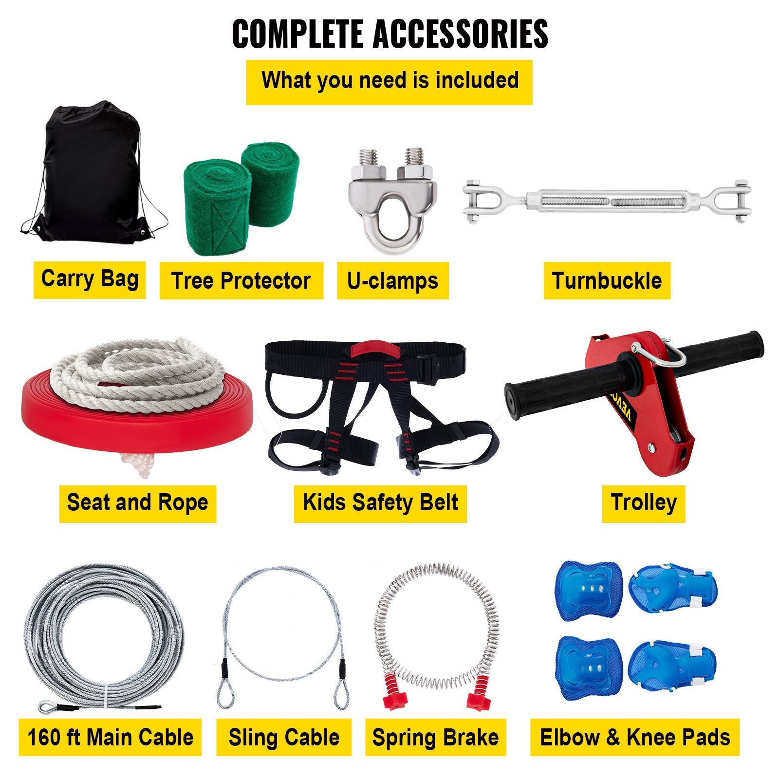 VEVOR Zip line Kits for Backyard 160FT, Zip Lines for Kid and Adult, Included Swing Seat, Zip Lines Brake, and Steel Trolley, Outdoor Playground Equipment 