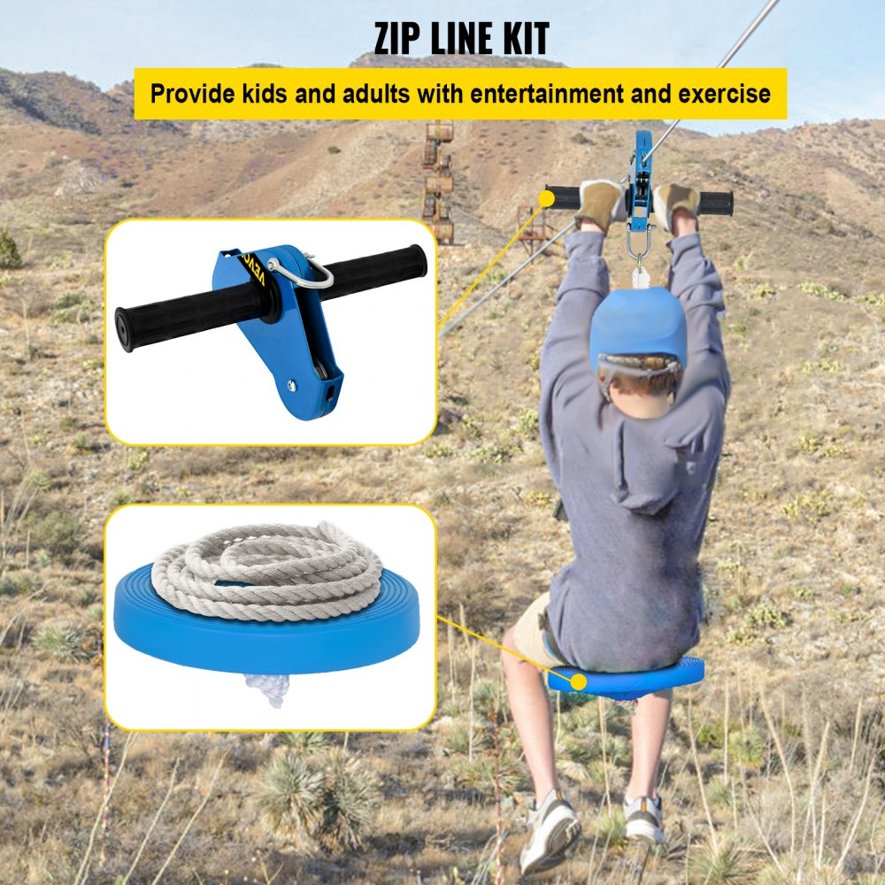 VEVOR Zip line Kits for Backyard 60FT, Zip Lines for Kid and Adult, Included Swing Seat, Zip Lines Brake, and Steel Trolley, Outdoor Playground Equipment 