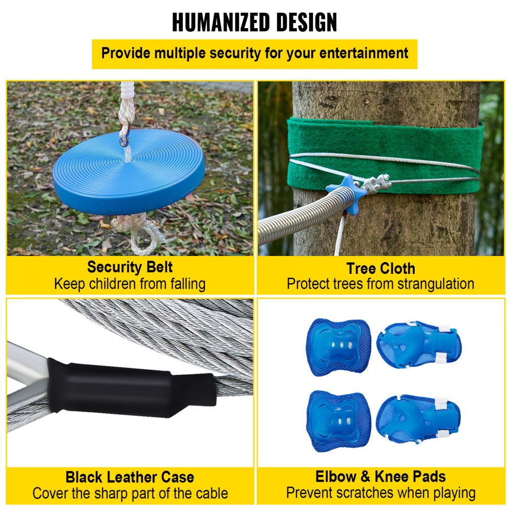 VEVOR Zip line Kits for Backyard 60FT, Zip Lines for Kid and Adult, Included Swing Seat, Zip Lines Brake, and Steel Trolley, Outdoor Playground Equipment 