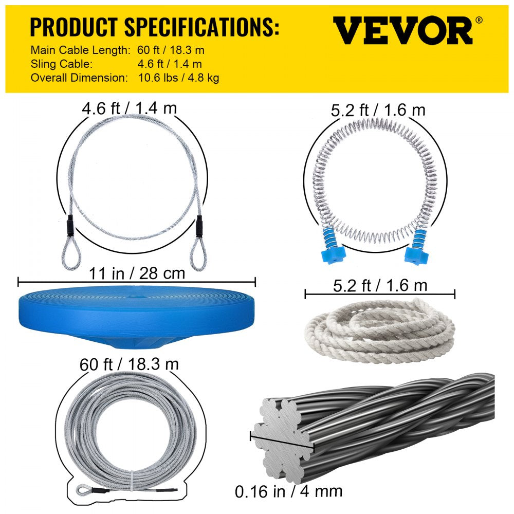 VEVOR Zip line Kits for Backyard 60FT, Zip Lines for Kid and Adult, Included Swing Seat, Zip Lines Brake, and Steel Trolley, Outdoor Playground Equipment 