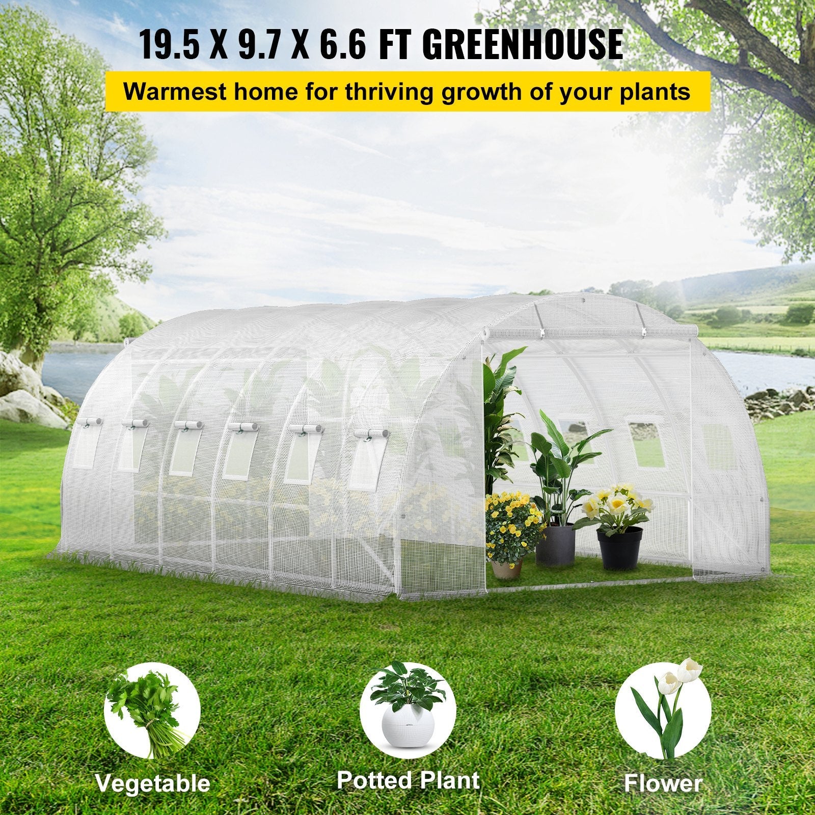 VEVOR Walk-in Tunnel Greenhouse, 20 x 10 x 7 ft Portable Plant Hot House w/ Galvanized Steel Hoops, 3 Top Beams, 4 Diagonal Poles, 2 Zippered Doors & 12 Roll-up Windows, White 