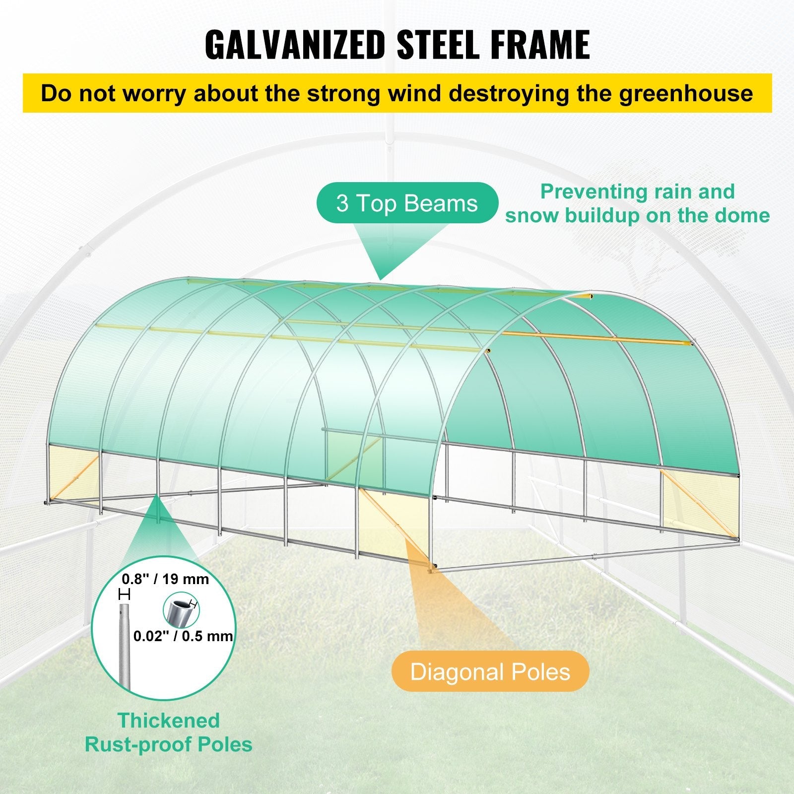 VEVOR Walk-in Tunnel Greenhouse, 20 x 10 x 7 ft Portable Plant Hot House w/ Galvanized Steel Hoops, 3 Top Beams, 4 Diagonal Poles, 2 Zippered Doors & 12 Roll-up Windows, White 