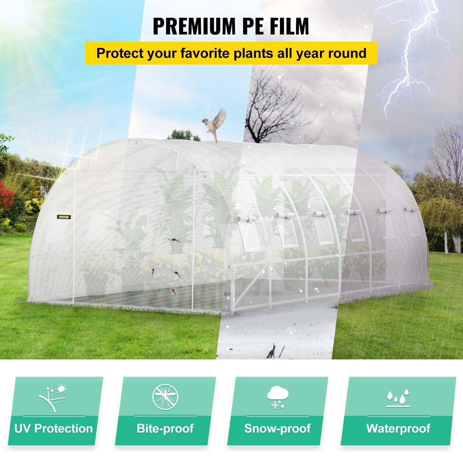 VEVOR Walk-in Tunnel Greenhouse, 20 x 10 x 7 ft Portable Plant Hot House w/ Galvanized Steel Hoops, 3 Top Beams, 4 Diagonal Poles, 2 Zippered Doors & 12 Roll-up Windows, White 