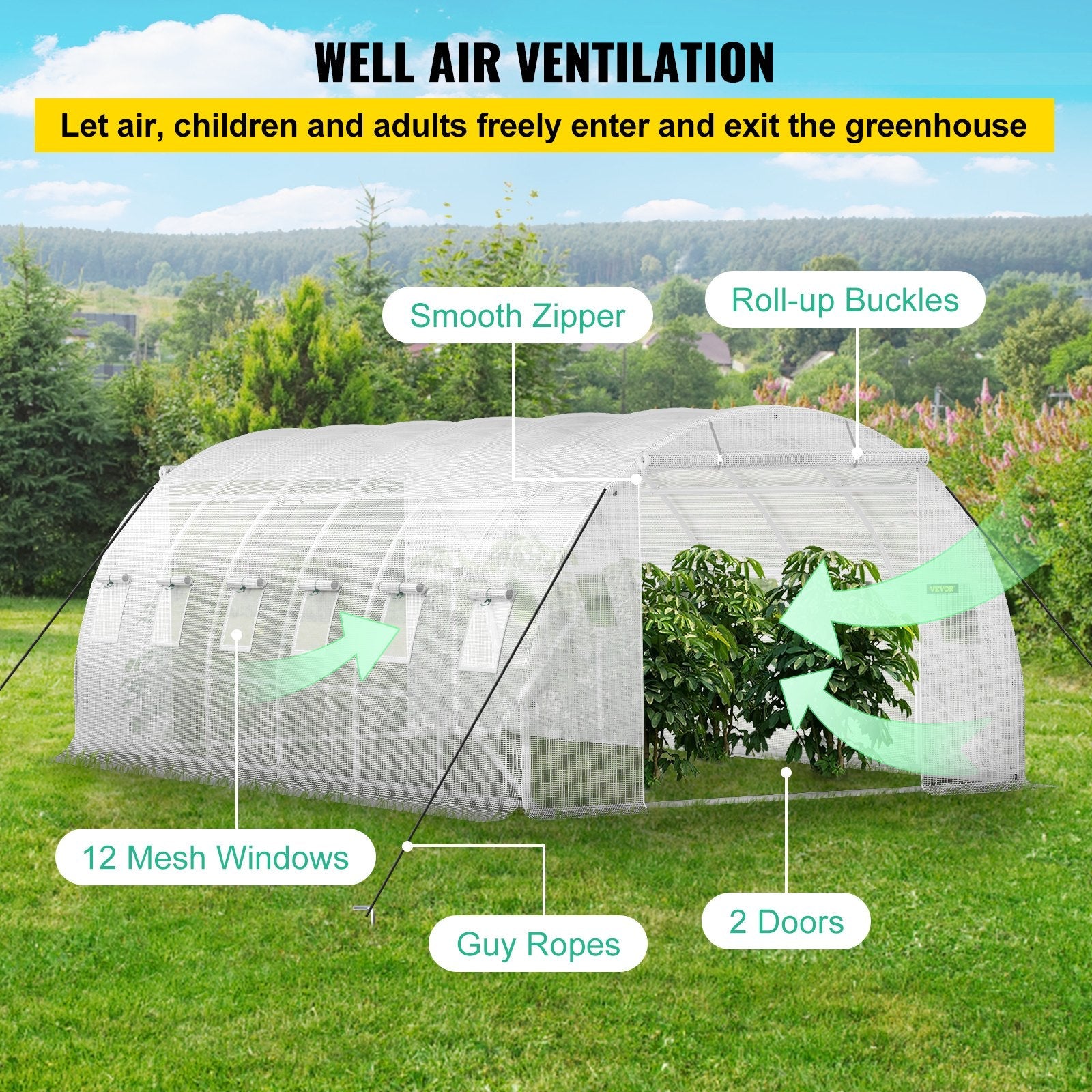 VEVOR Walk-in Tunnel Greenhouse, 20 x 10 x 7 ft Portable Plant Hot House w/ Galvanized Steel Hoops, 3 Top Beams, 4 Diagonal Poles, 2 Zippered Doors & 12 Roll-up Windows, White 