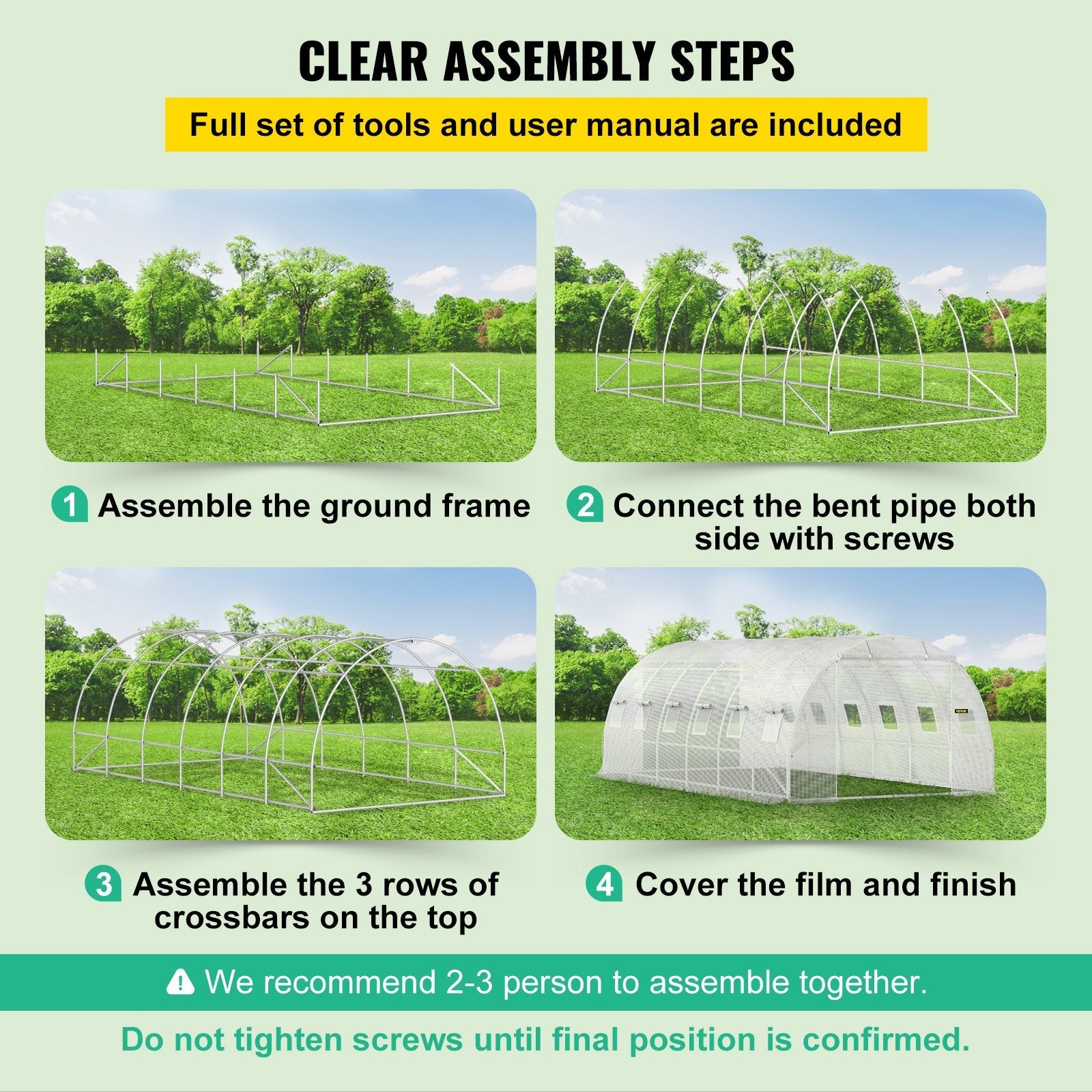 VEVOR Walk-in Tunnel Greenhouse, 20 x 10 x 7 ft Portable Plant Hot House w/ Galvanized Steel Hoops, 3 Top Beams, 4 Diagonal Poles, 2 Zippered Doors & 12 Roll-up Windows, White 