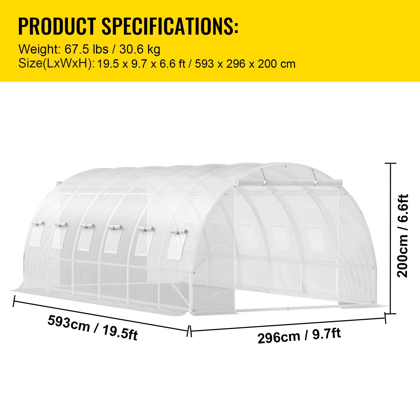 VEVOR Walk-in Tunnel Greenhouse, 20 x 10 x 7 ft Portable Plant Hot House w/ Galvanized Steel Hoops, 3 Top Beams, 4 Diagonal Poles, 2 Zippered Doors & 12 Roll-up Windows, White 