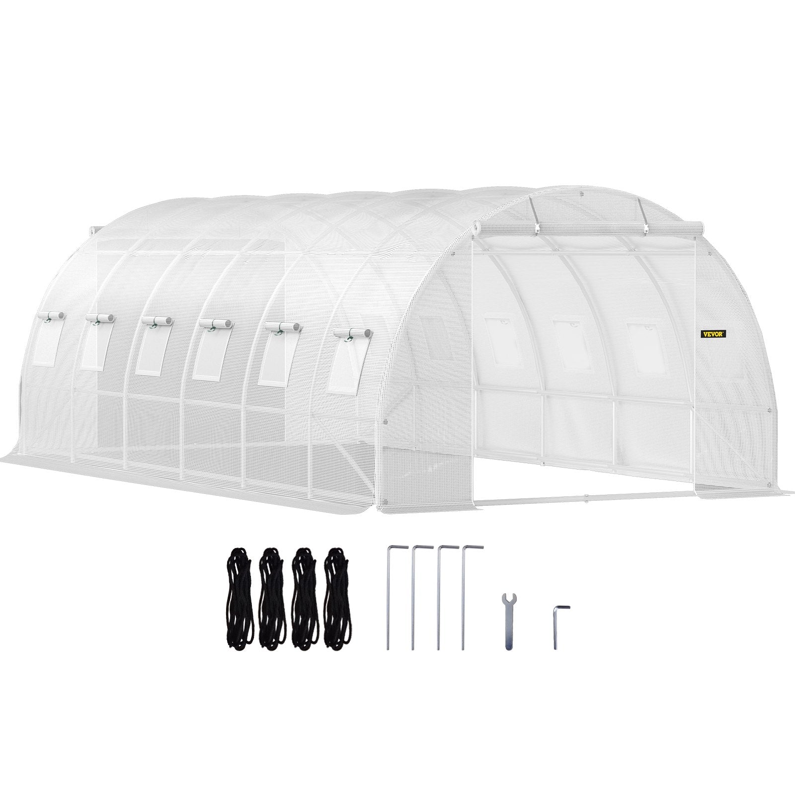 VEVOR Walk-in Tunnel Greenhouse, 20 x 10 x 7 ft Portable Plant Hot House w/ Galvanized Steel Hoops, 3 Top Beams, 4 Diagonal Poles, 2 Zippered Doors & 12 Roll-up Windows, White 