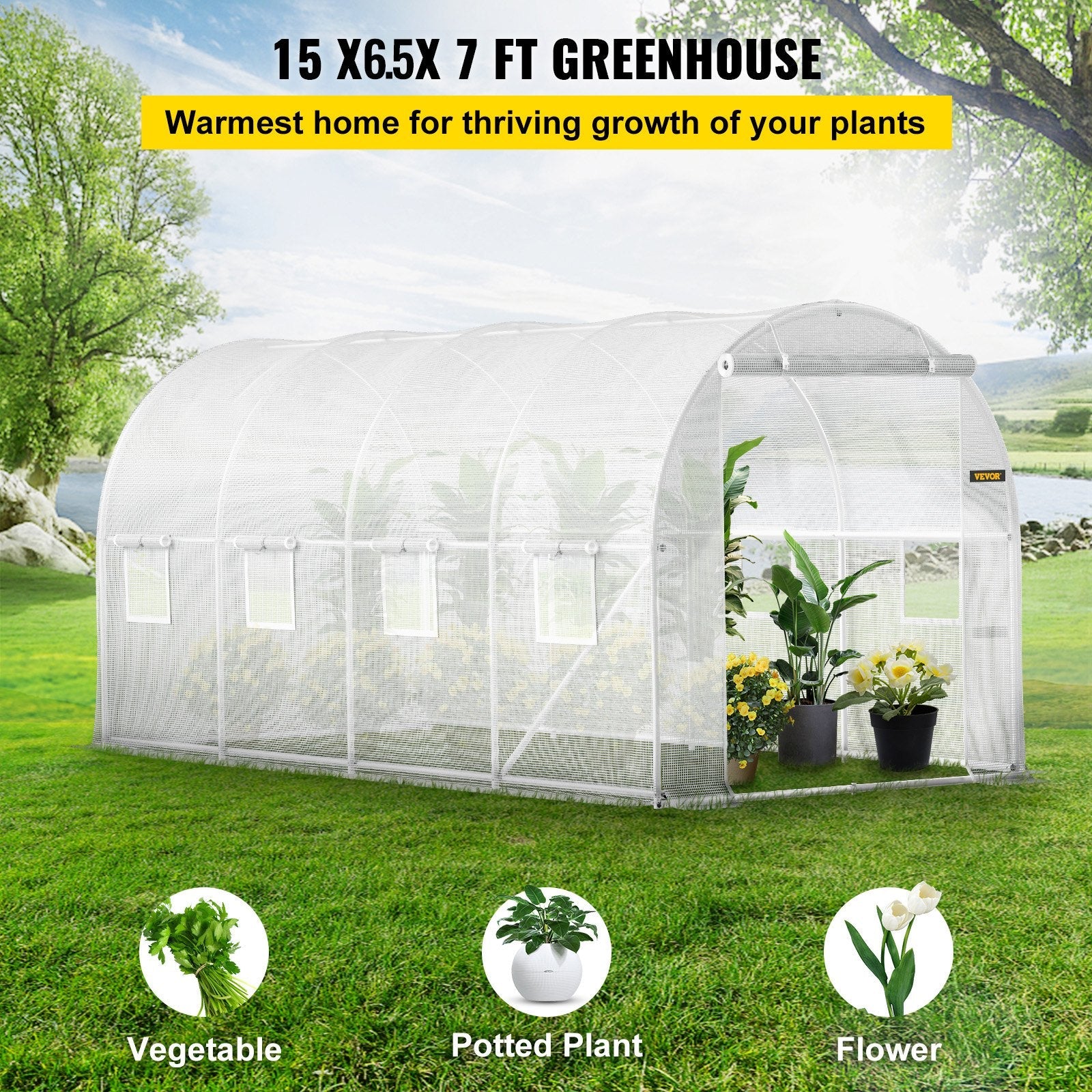 VEVOR Walk-in Tunnel Greenhouse, 15 x 6.5 x 7 ft Portable Plant Hot House w/ Galvanized Steel Hoops, 1 Top Beam, 2  x Diagonal Poles, A Zippered Door & 8 Roll-up Windows, White 