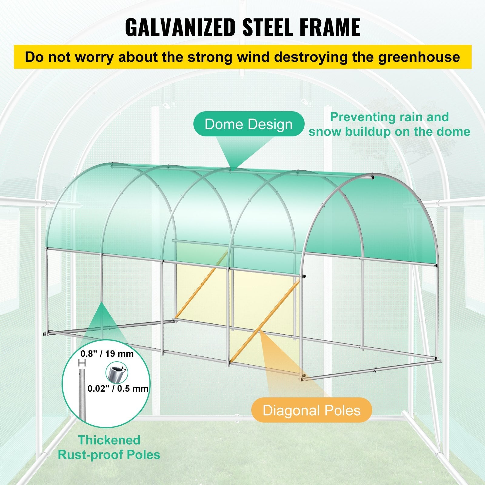 VEVOR Walk-in Tunnel Greenhouse, 15 x 6.5 x 7 ft Portable Plant Hot House w/ Galvanized Steel Hoops, 1 Top Beam, 2  x Diagonal Poles, A Zippered Door & 8 Roll-up Windows, White 