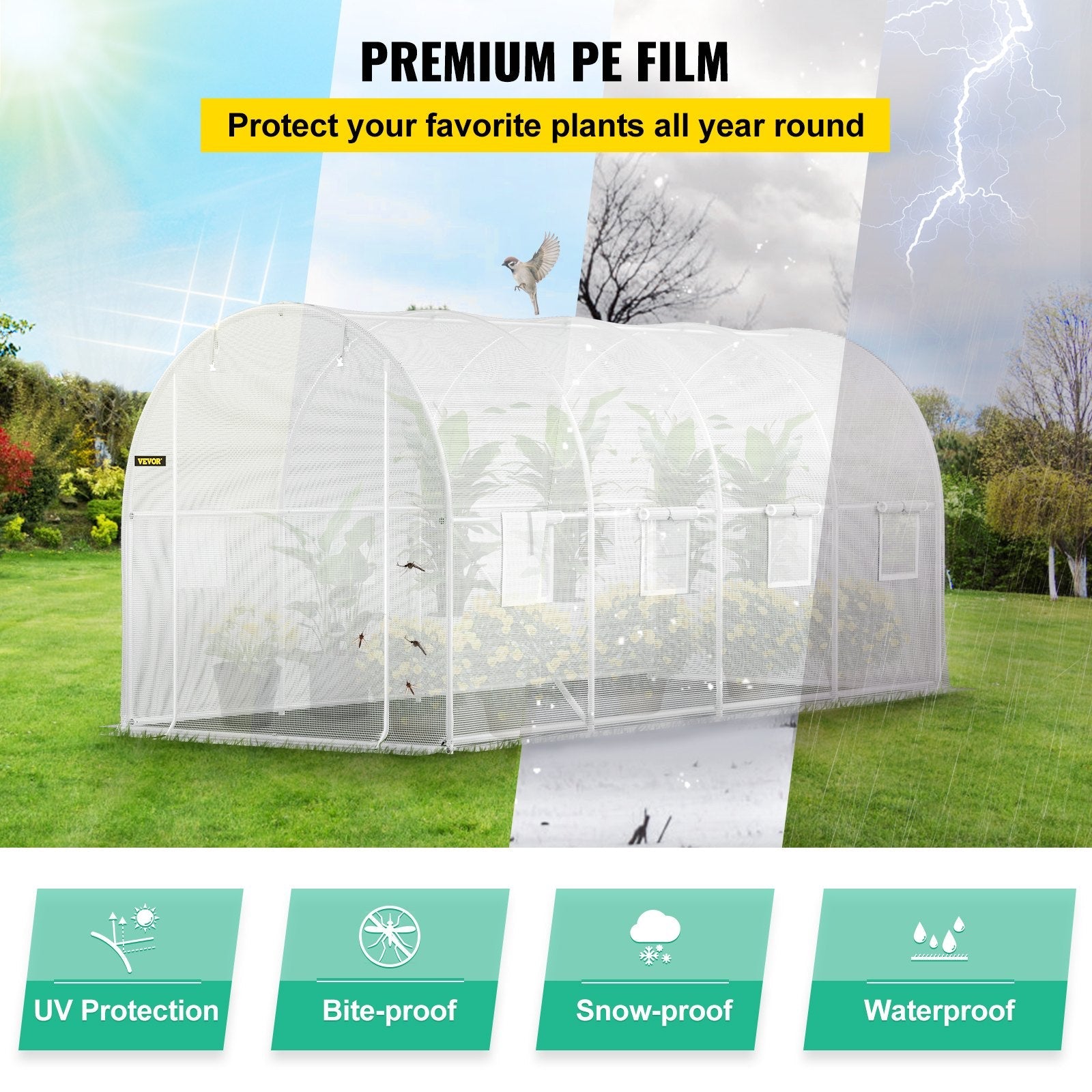 VEVOR Walk-in Tunnel Greenhouse, 15 x 6.5 x 7 ft Portable Plant Hot House w/ Galvanized Steel Hoops, 1 Top Beam, 2  x Diagonal Poles, A Zippered Door & 8 Roll-up Windows, White 