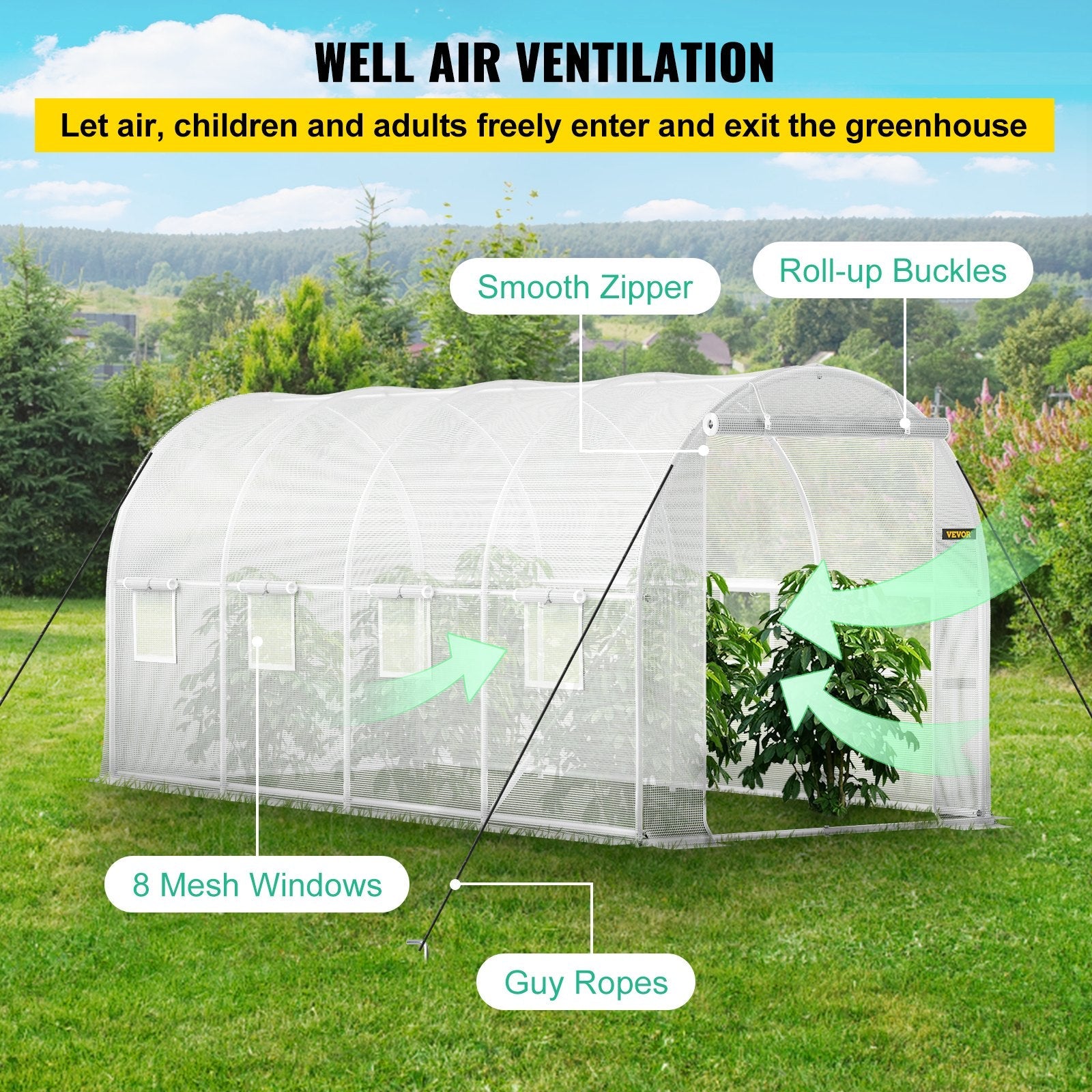 VEVOR Walk-in Tunnel Greenhouse, 15 x 6.5 x 7 ft Portable Plant Hot House w/ Galvanized Steel Hoops, 1 Top Beam, 2  x Diagonal Poles, A Zippered Door & 8 Roll-up Windows, White 