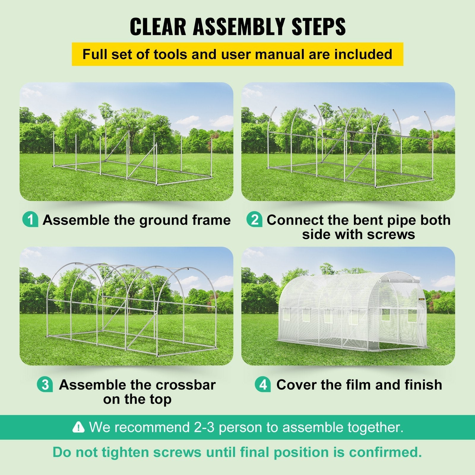 VEVOR Walk-in Tunnel Greenhouse, 15 x 6.5 x 7 ft Portable Plant Hot House w/ Galvanized Steel Hoops, 1 Top Beam, 2  x Diagonal Poles, A Zippered Door & 8 Roll-up Windows, White 