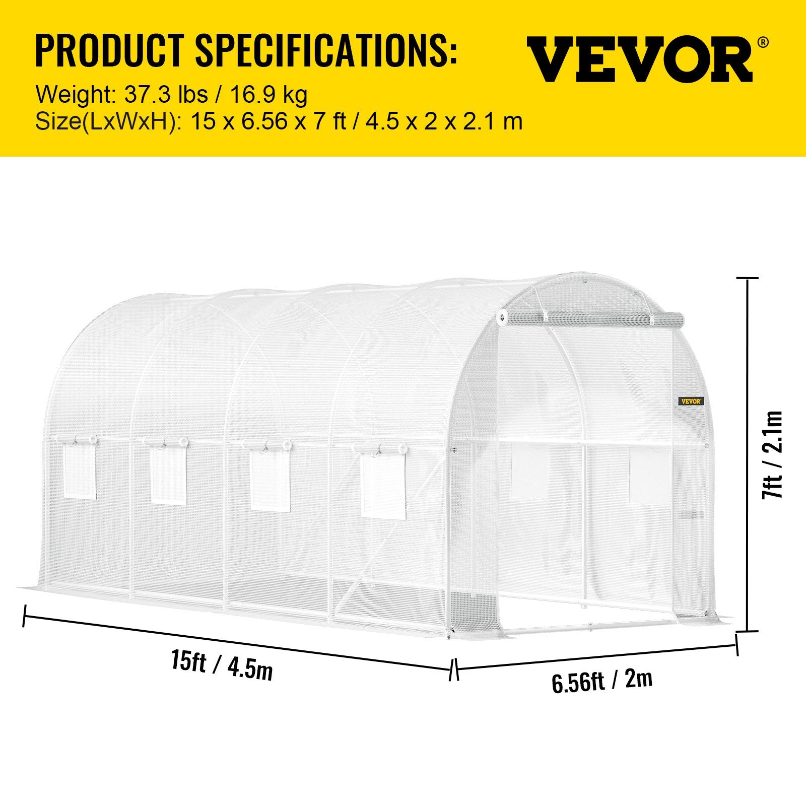 VEVOR Walk-in Tunnel Greenhouse, 15 x 6.5 x 7 ft Portable Plant Hot House w/ Galvanized Steel Hoops, 1 Top Beam, 2  x Diagonal Poles, A Zippered Door & 8 Roll-up Windows, White 