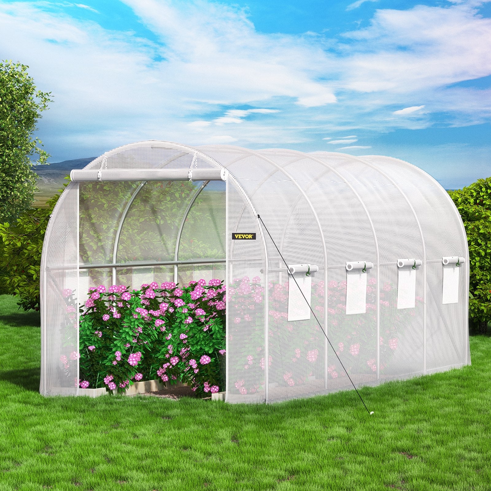 VEVOR Walk-in Tunnel Greenhouse, 15 x 6.5 x 7 ft Portable Plant Hot House w/ Galvanized Steel Hoops, 1 Top Beam, 2  x Diagonal Poles, A Zippered Door & 8 Roll-up Windows, White 