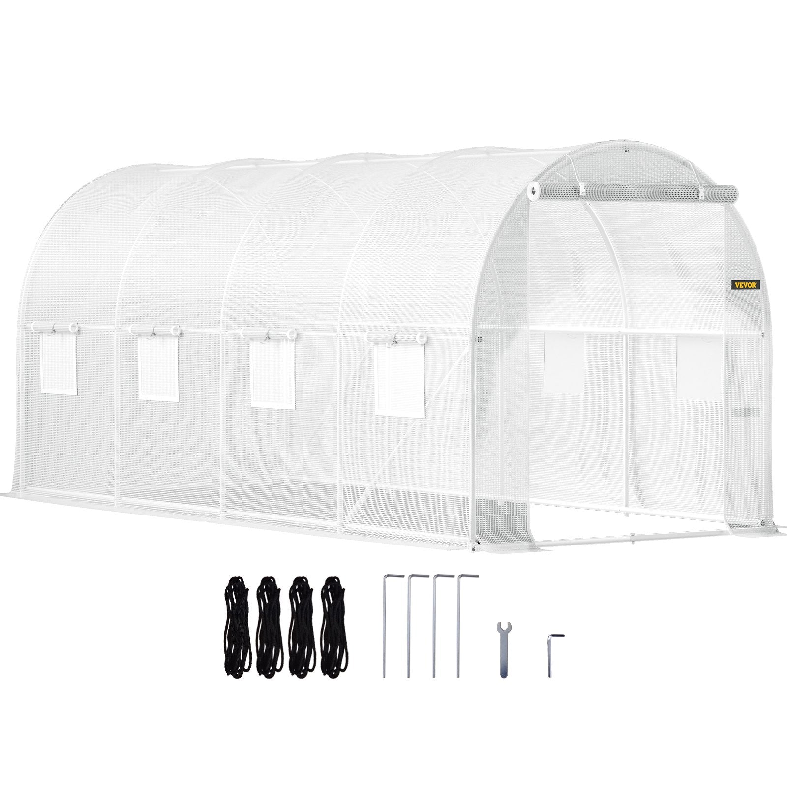 VEVOR Walk-in Tunnel Greenhouse, 15 x 6.5 x 7 ft Portable Plant Hot House w/ Galvanized Steel Hoops, 1 Top Beam, 2  x Diagonal Poles, A Zippered Door & 8 Roll-up Windows, White 