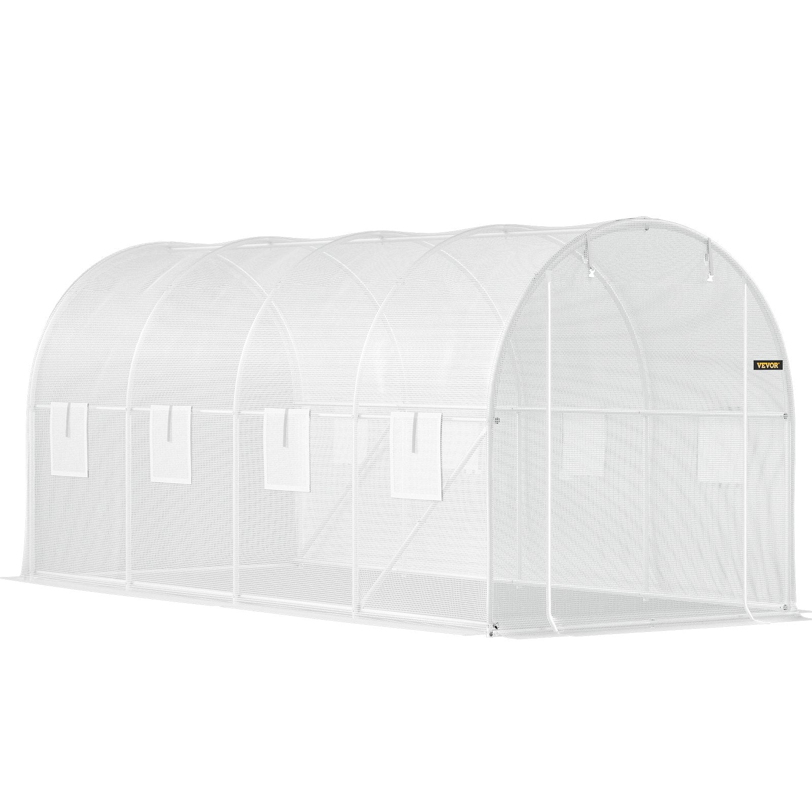 VEVOR Walk-in Tunnel Greenhouse, 15 x 6.5 x 7 ft Portable Plant Hot House w/ Galvanized Steel Hoops, 1 Top Beam, 2  x Diagonal Poles, A Zippered Door & 8 Roll-up Windows, White 