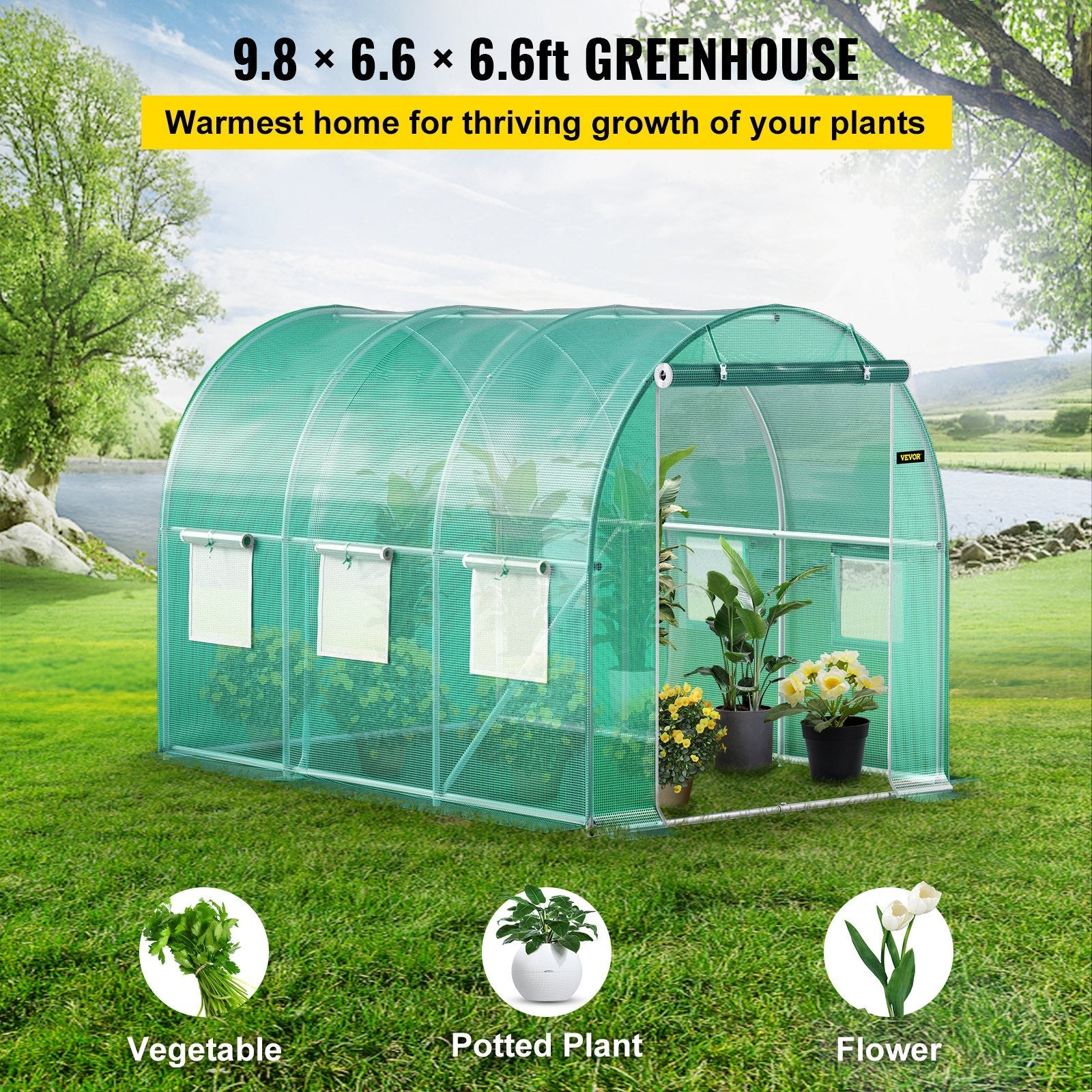 VEVOR Walk-in Tunnel Greenhouse, 9.8 x 6.6 x 6.6 ft Portable Plant Hot House w/ Galvanized Steel Hoops, 1 Top Beam, 2 Diagonal Poles, 2 Zippered Doors & 6 Roll-up Windows, Green 