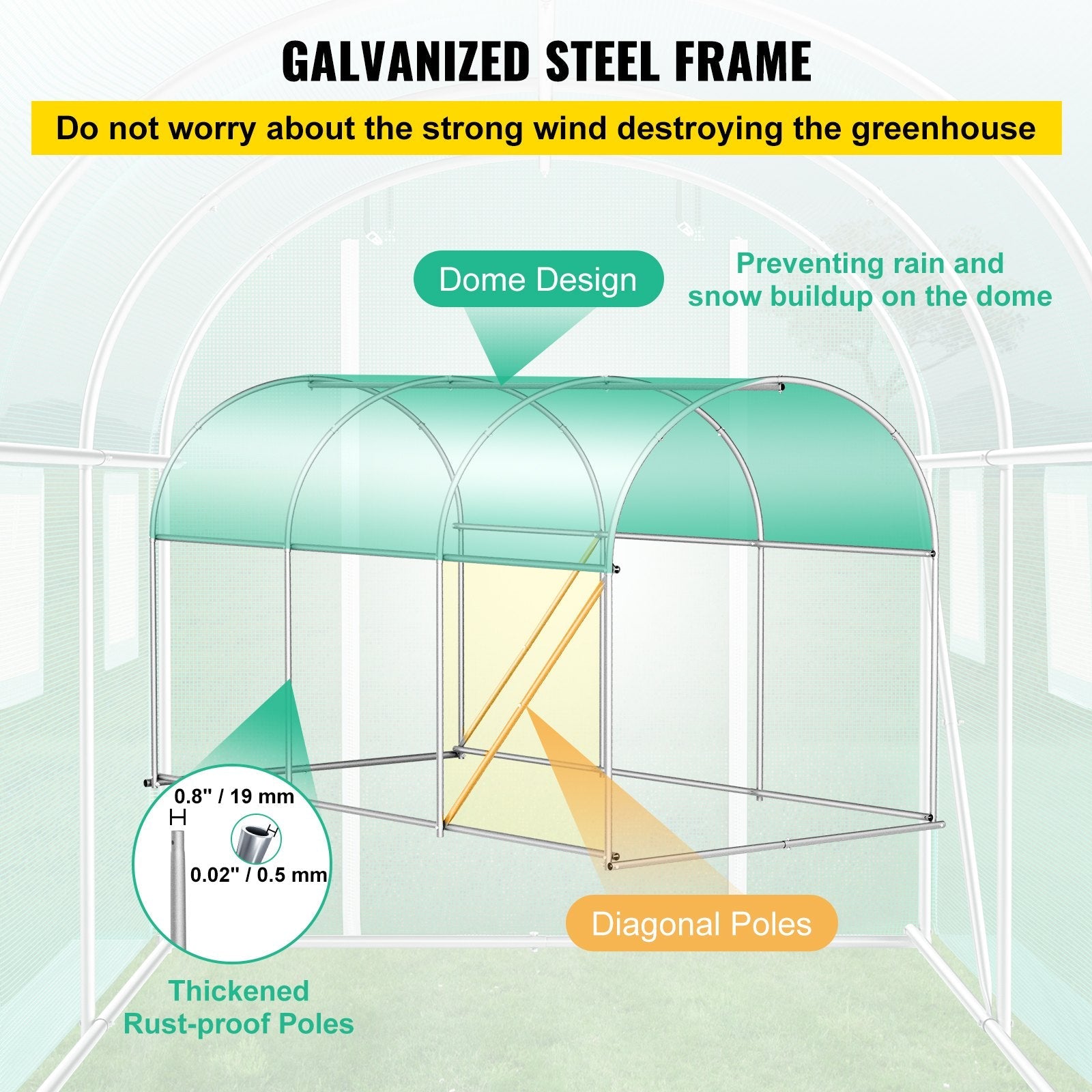 VEVOR Walk-in Tunnel Greenhouse, 9.8 x 6.6 x 6.6 ft Portable Plant Hot House w/ Galvanized Steel Hoops, 1 Top Beam, 2 Diagonal Poles, 2 Zippered Doors & 6 Roll-up Windows, Green 