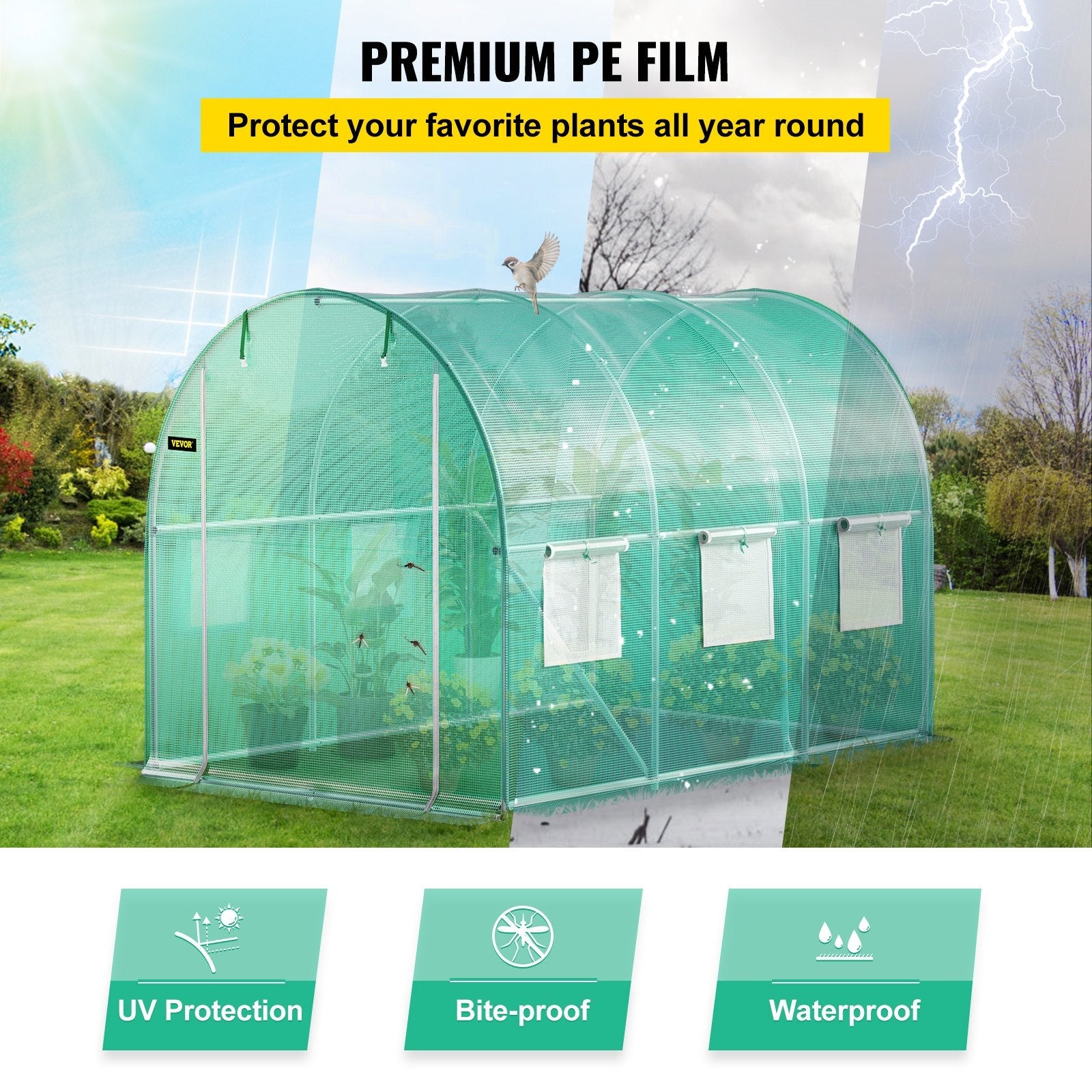 VEVOR Walk-in Tunnel Greenhouse, 9.8 x 6.6 x 6.6 ft Portable Plant Hot House w/ Galvanized Steel Hoops, 1 Top Beam, 2 Diagonal Poles, 2 Zippered Doors & 6 Roll-up Windows, Green 