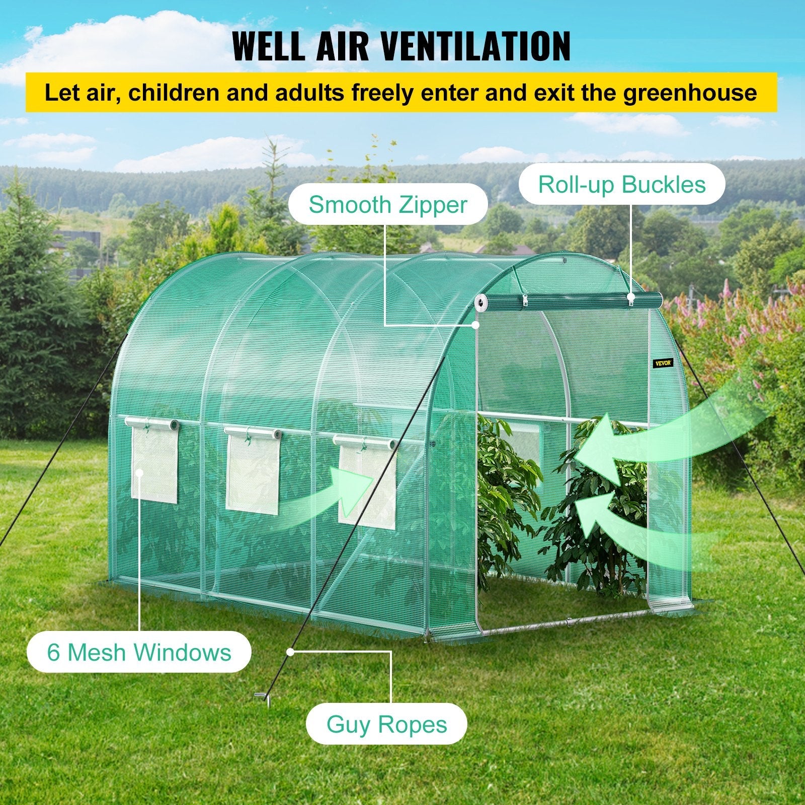 VEVOR Walk-in Tunnel Greenhouse, 9.8 x 6.6 x 6.6 ft Portable Plant Hot House w/ Galvanized Steel Hoops, 1 Top Beam, 2 Diagonal Poles, 2 Zippered Doors & 6 Roll-up Windows, Green 