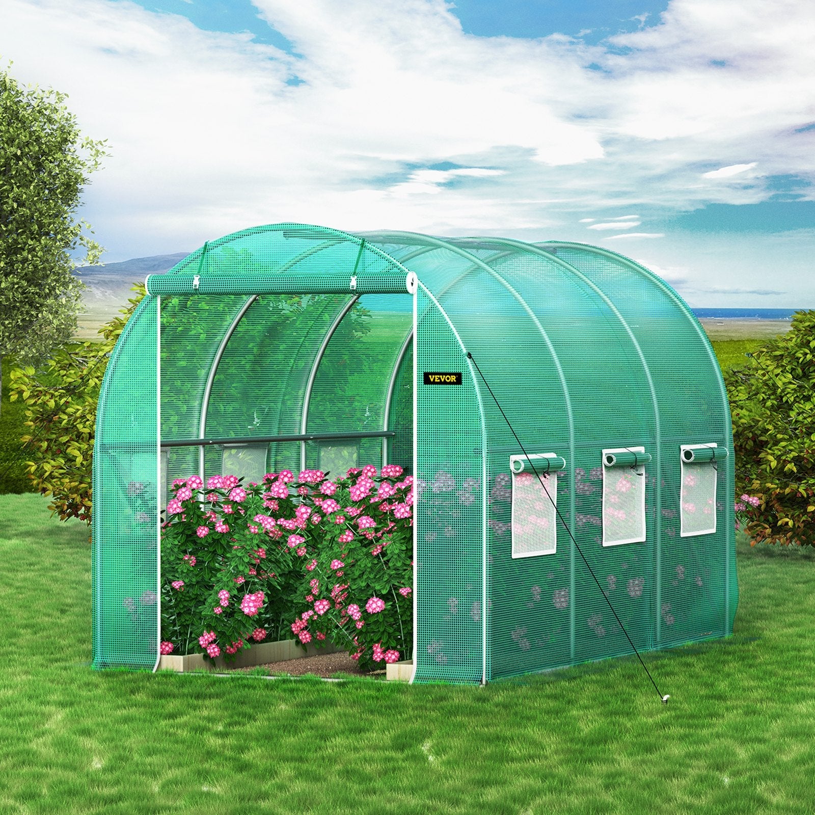 VEVOR Walk-in Tunnel Greenhouse, 9.8 x 6.6 x 6.6 ft Portable Plant Hot House w/ Galvanized Steel Hoops, 1 Top Beam, 2 Diagonal Poles, 2 Zippered Doors & 6 Roll-up Windows, Green 