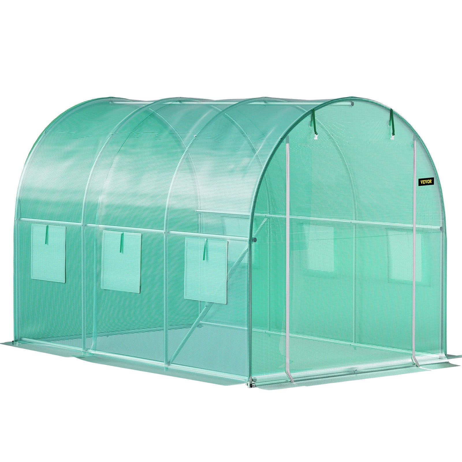 VEVOR Walk-in Tunnel Greenhouse, 9.8 x 6.6 x 6.6 ft Portable Plant Hot House w/ Galvanized Steel Hoops, 1 Top Beam, 2 Diagonal Poles, 2 Zippered Doors & 6 Roll-up Windows, Green 