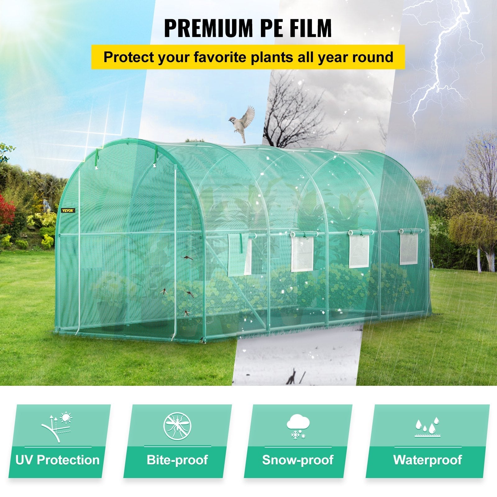 VEVOR Walk-in Tunnel Greenhouse Galvanized Frame & Waterproof Cover 15x7x7 ft 