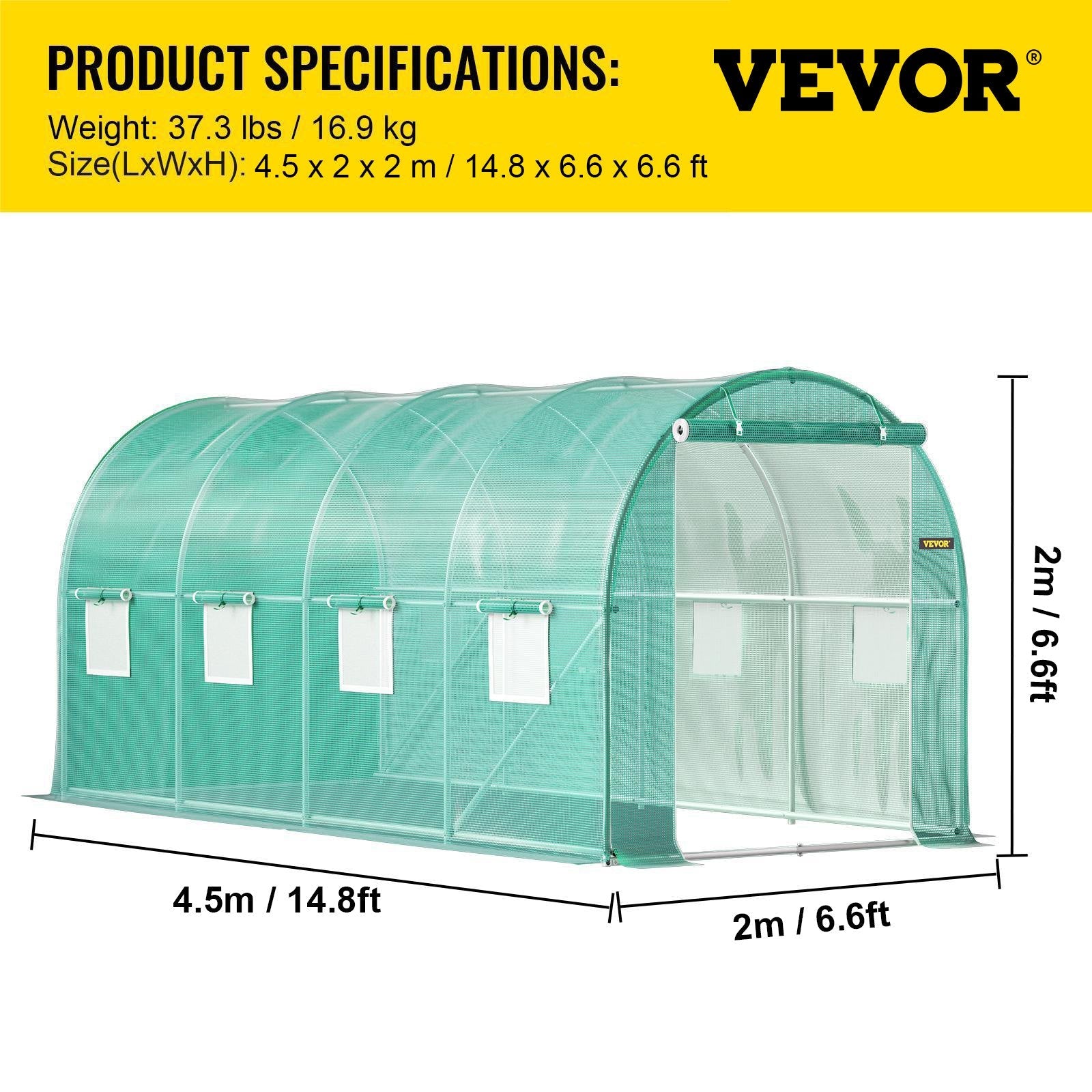 VEVOR Walk-in Tunnel Greenhouse Galvanized Frame & Waterproof Cover 15x7x7 ft 