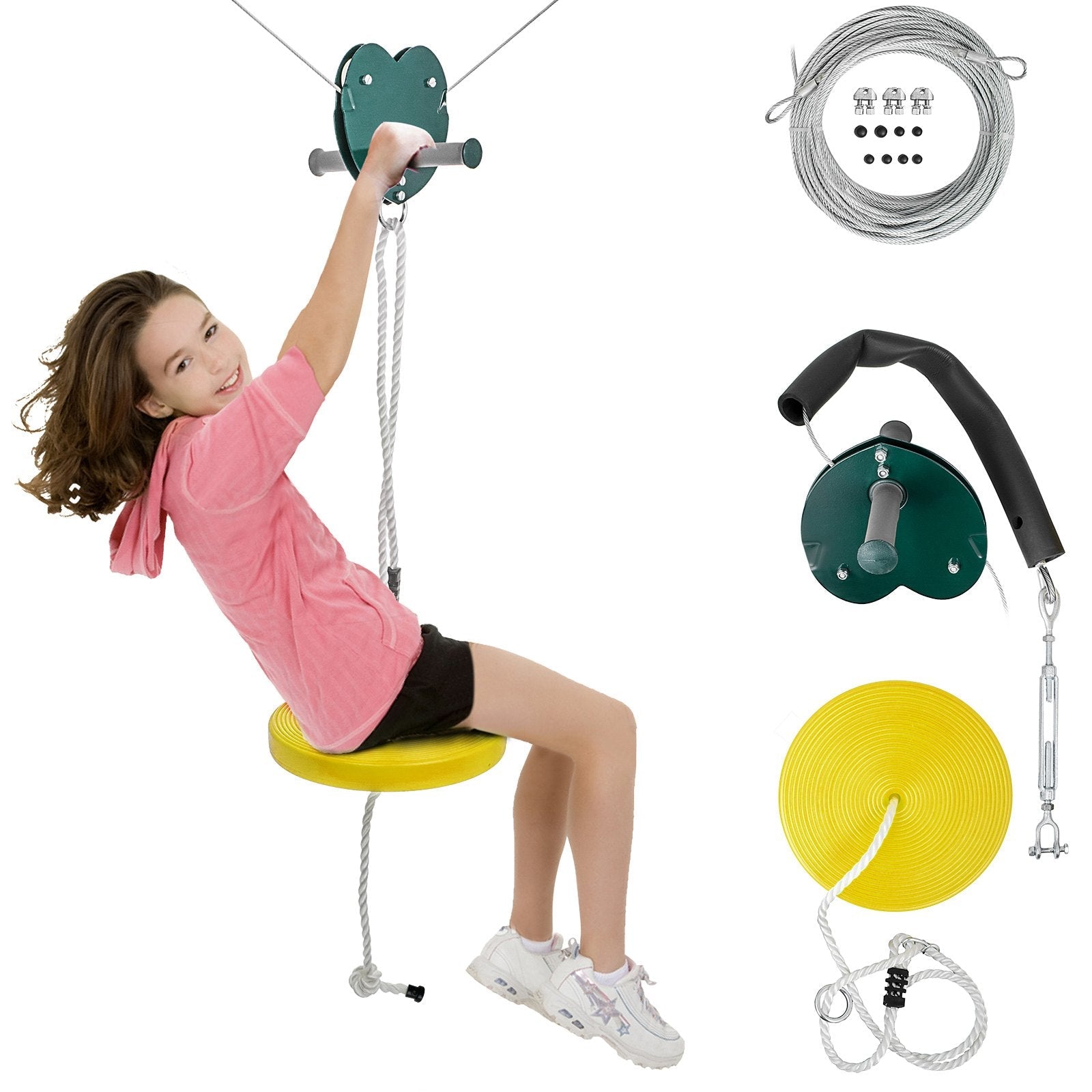 VEVOR 80ft Yellow Zip Line Kit Kids Adult Zip Line Trolley Slackers Zip Lines with Seat and Handle Heart Shaped Trolley for Backyard Entertainment 