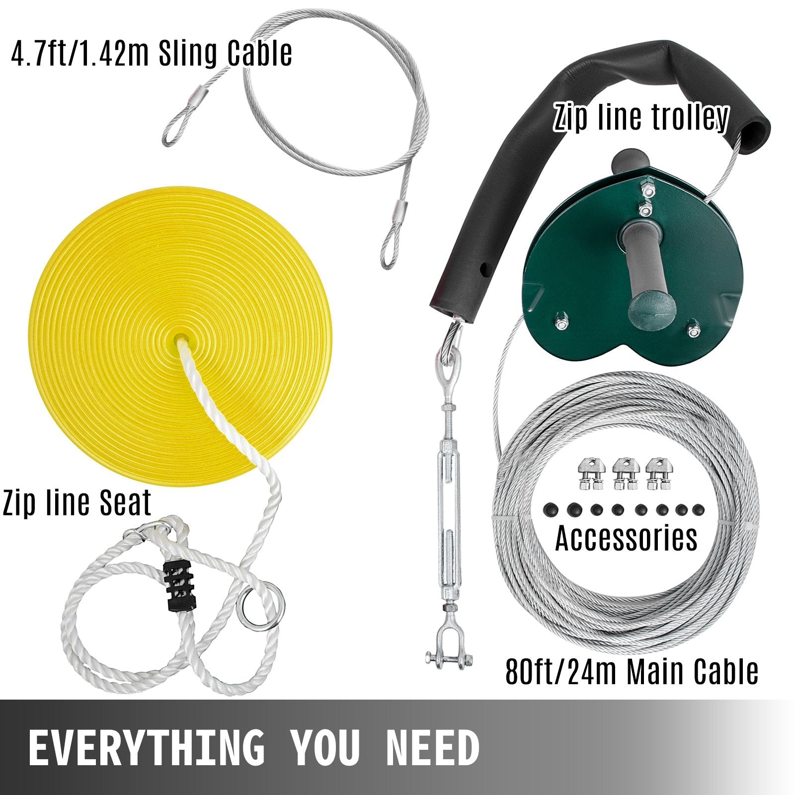 VEVOR 80ft Yellow Zip Line Kit Kids Adult Zip Line Trolley Slackers Zip Lines with Seat and Handle Heart Shaped Trolley for Backyard Entertainment 