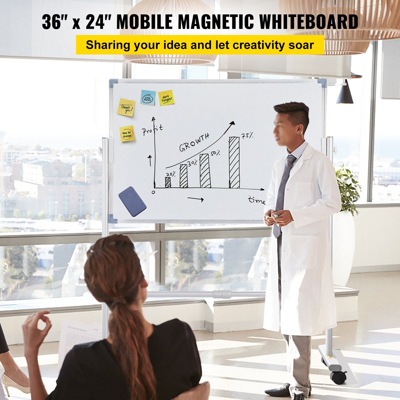 VEVOR Mobile Magnetic Whiteboard, 36 x 24 Inch, Double Sided, 360 Degree Reversible Rolling Dry Erase Board, Height Adjustable with Aluminum Frame and Lockable Swivel Wheels, for Office School Home 