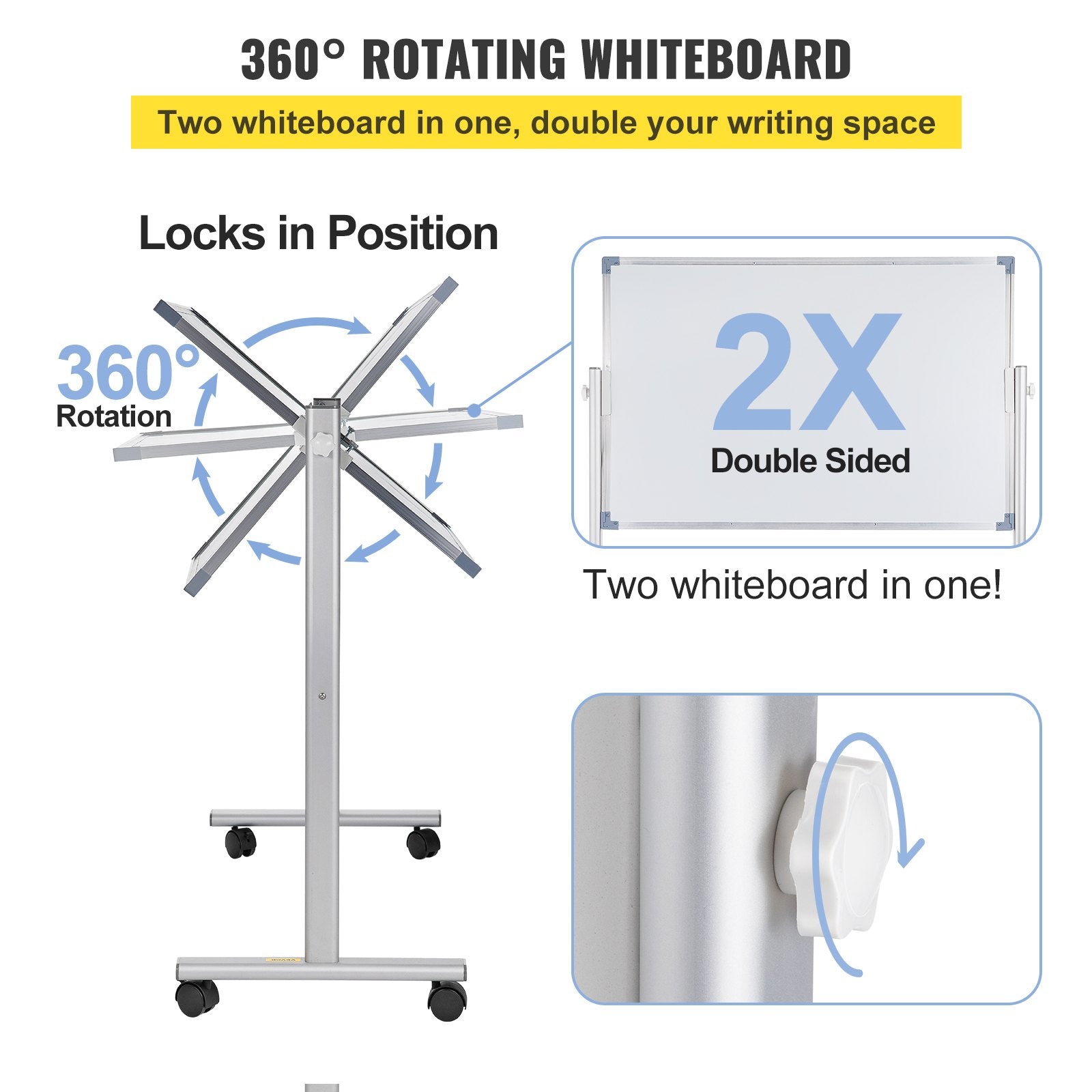 VEVOR Mobile Magnetic Whiteboard, 36 x 24 Inch, Double Sided, 360 Degree Reversible Rolling Dry Erase Board, Height Adjustable with Aluminum Frame and Lockable Swivel Wheels, for Office School Home 